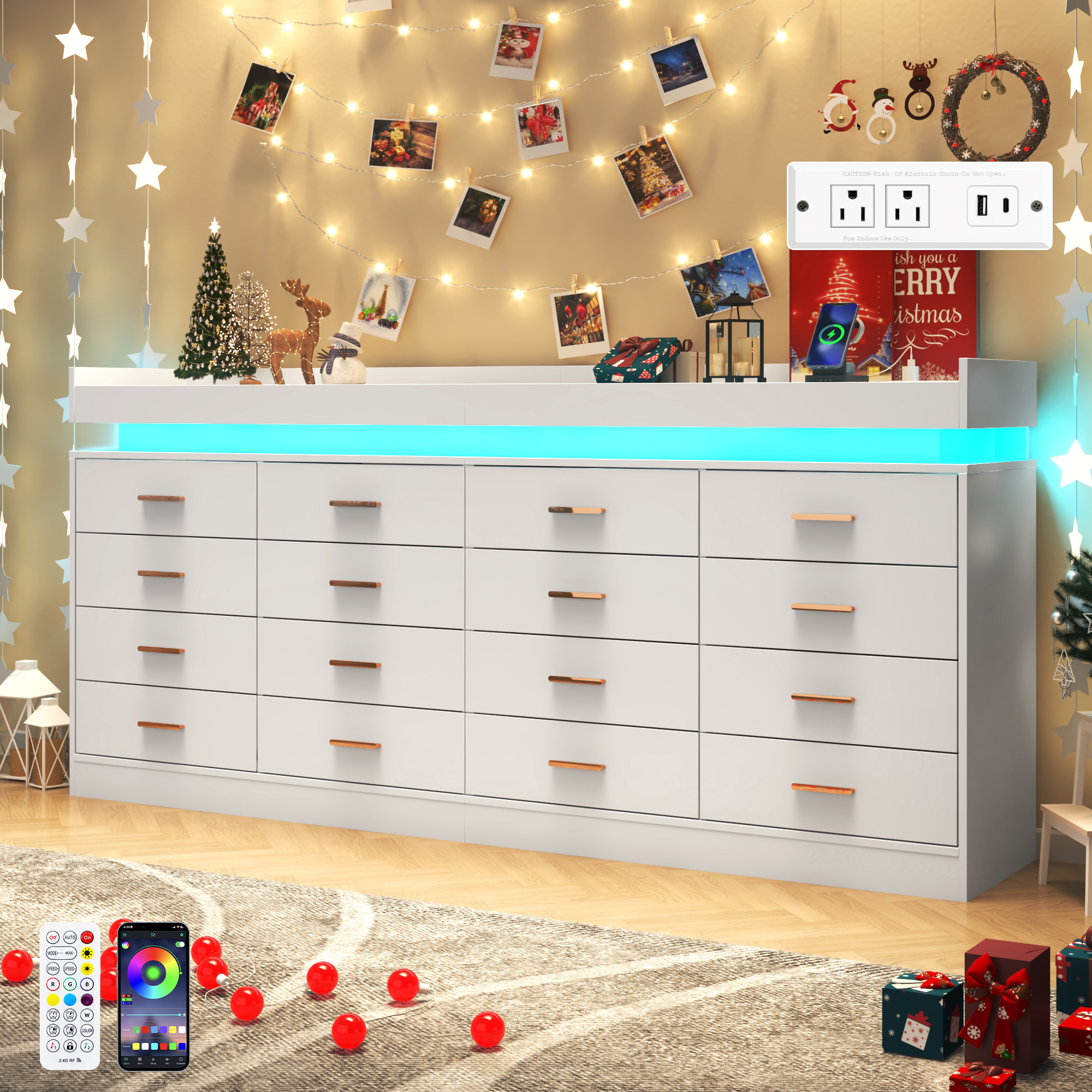 ChVans 16 Drawer Dresser with LED Lights and Charging Station, 78.7" Wide wood Chest of Drawers and Metal Handles, 36.4" Tall drawers dresser for bedroom, Living Room, Entryway, Hallway