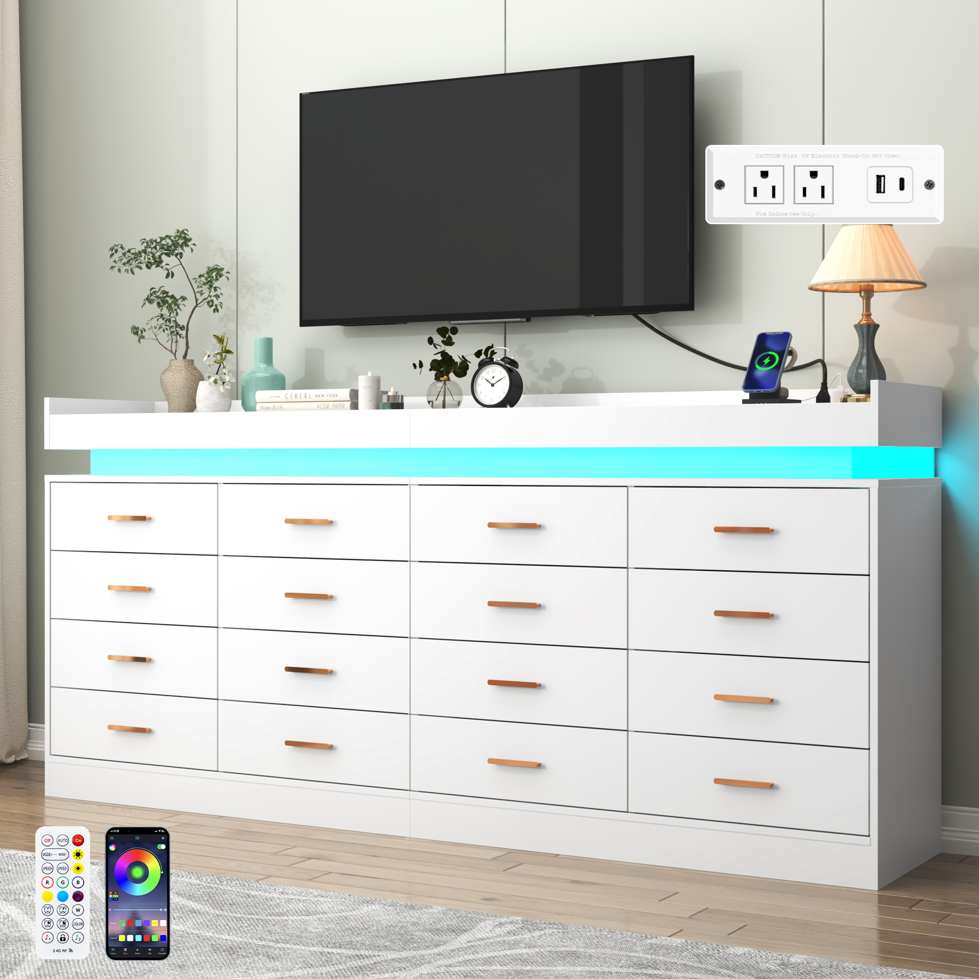 ChVans 16 Drawer Dresser with LED Lights and Charging Station, 78.7" Wide wood Chest of Drawers and Metal Handles, 36.4" Tall drawers dresser for bedroom, Living Room, Entryway, Hallway