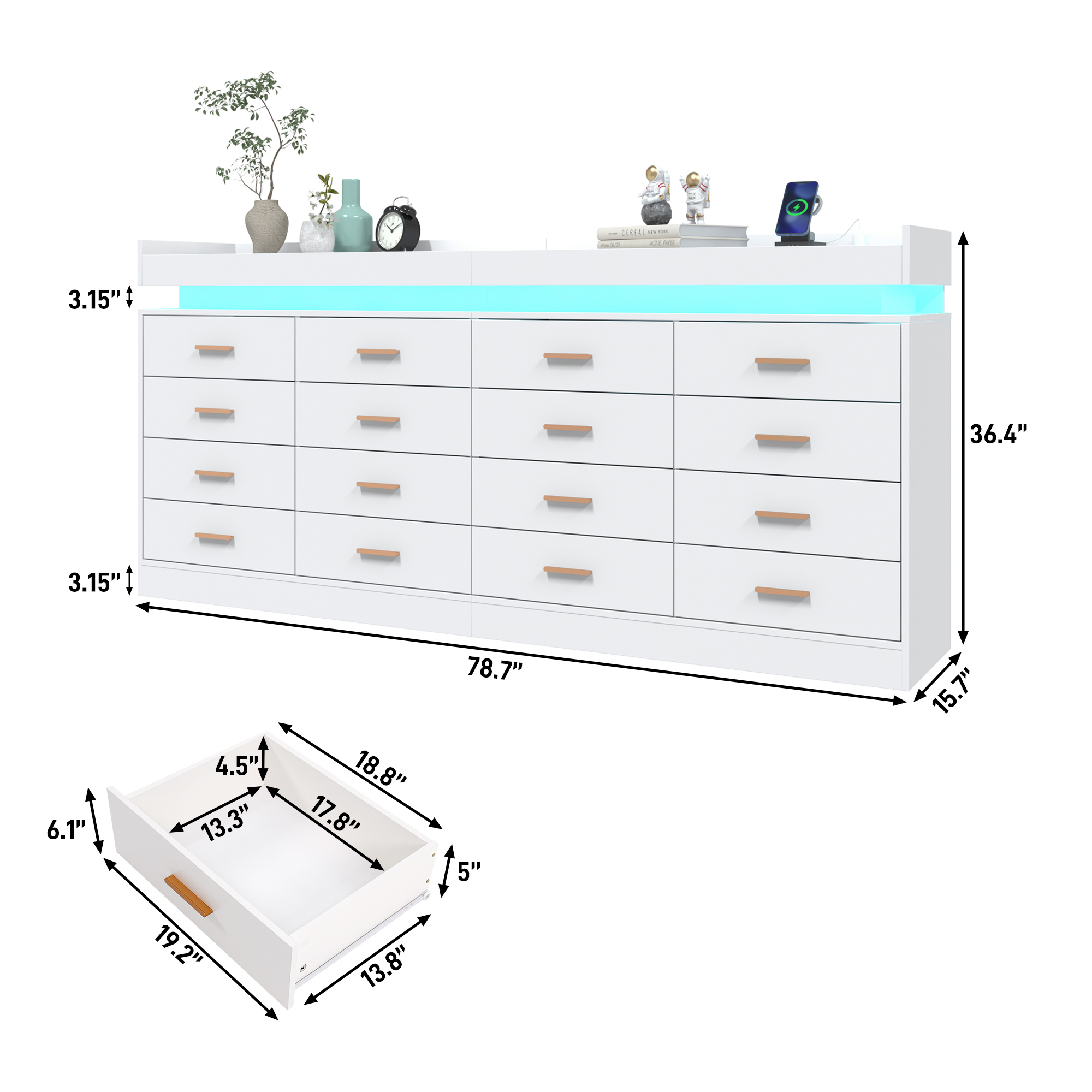 ChVans 16 Drawer Dresser with LED Lights and Charging Station, 78.7" Wide wood Chest of Drawers and Metal Handles, 36.4" Tall drawers dresser for bedroom, Living Room, Entryway, Hallway