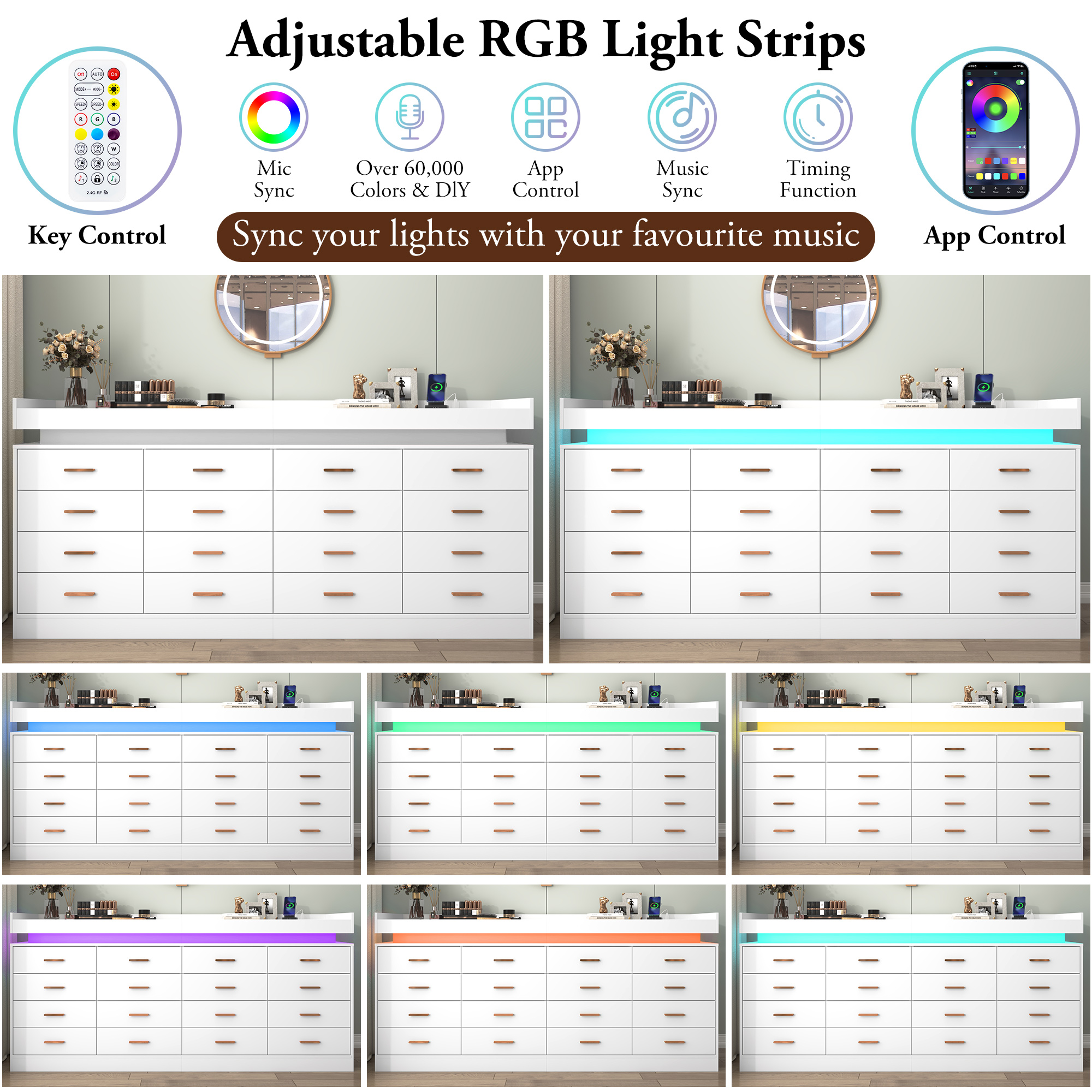 ChVans 16 Drawer Dresser with LED Lights and Charging Station, 78.7" Wide wood Chest of Drawers and Metal Handles, 36.4" Tall drawers dresser for bedroom, Living Room, Entryway, Hallway