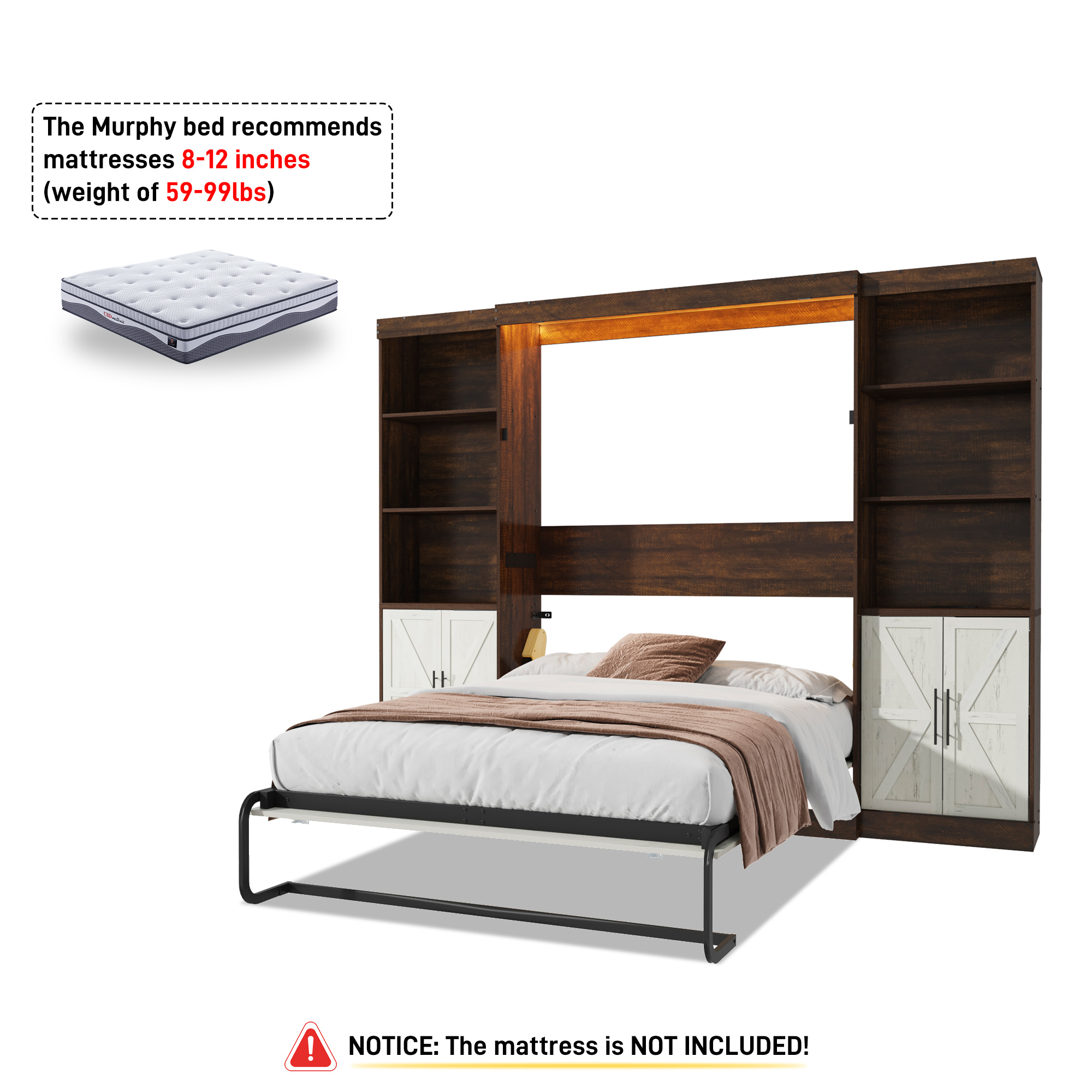 ChVans Full Murphy Wall Bed with 2 LED Lights, Power Outlet, 2 Storage Units, Farmhouse Wood Space-Saving Hidden Folding Bed Chest, Multifunctional Storage Cabinet Bed with Gas Struts for Bedroom