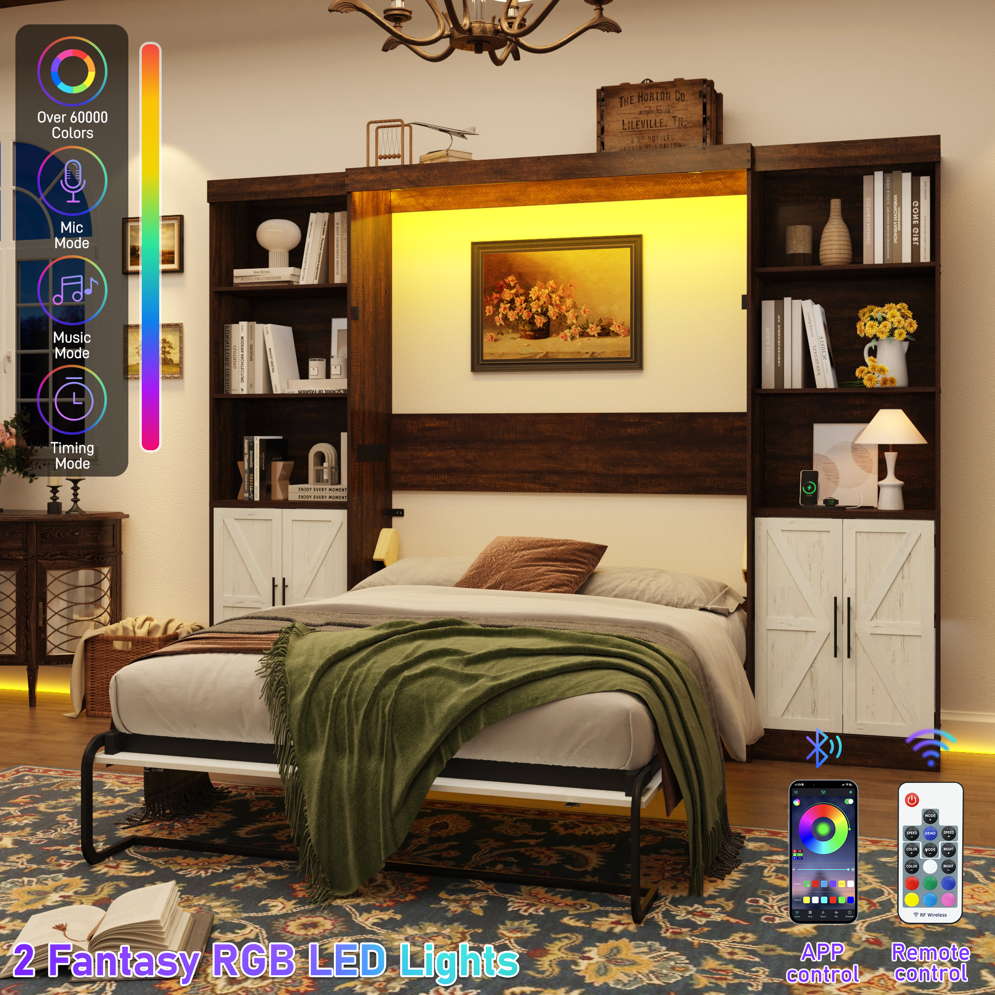 ChVans Full Murphy Wall Bed with 2 LED Lights, Power Outlet, 2 Storage Units, Farmhouse Wood Space-Saving Hidden Folding Bed Chest, Multifunctional Storage Cabinet Bed with Gas Struts for Bedroom