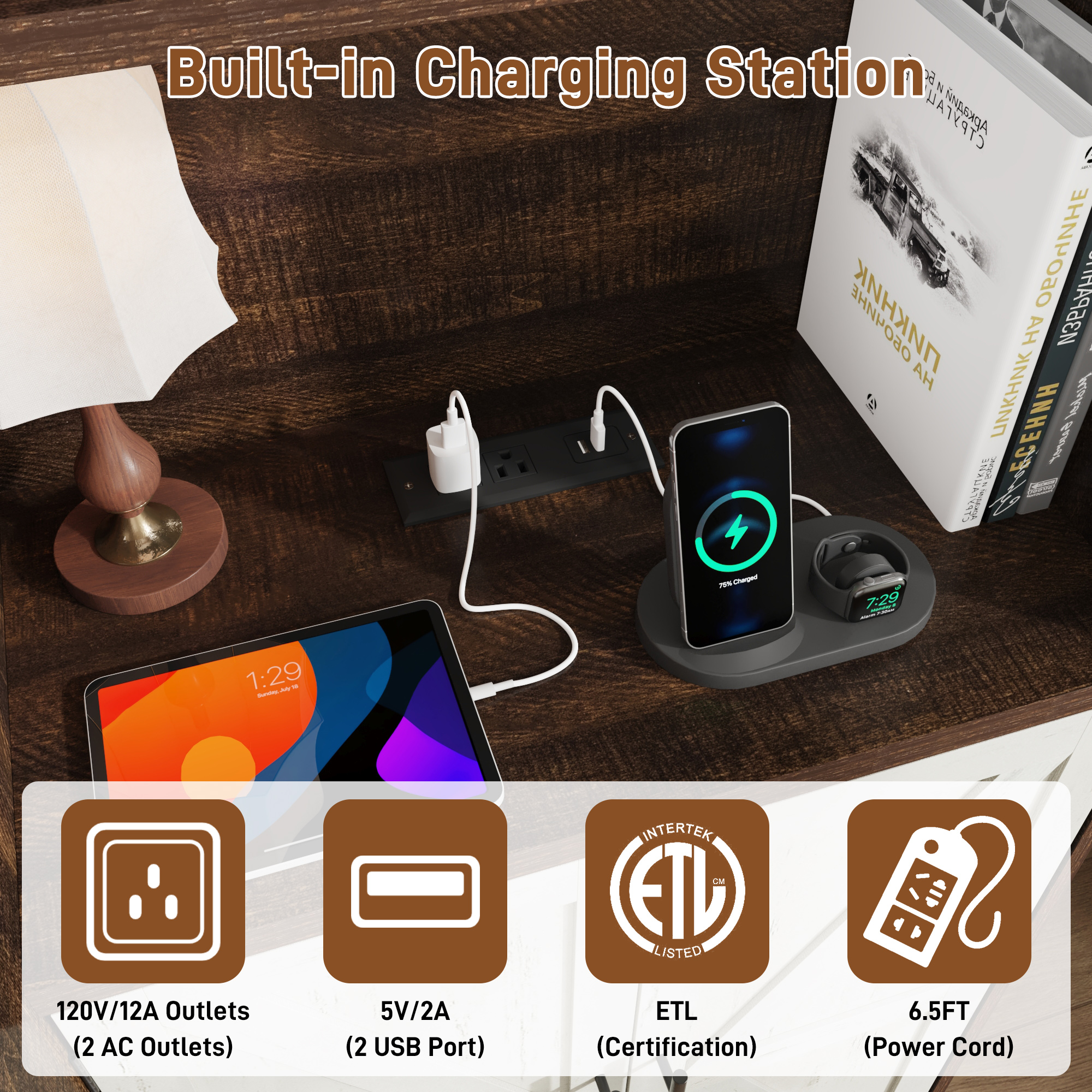 ChVans Full Murphy Wall Bed with 2 LED Lights, Power Outlet, 2 Storage Units, Farmhouse Wood Space-Saving Hidden Folding Bed Chest, Multifunctional Storage Cabinet Bed with Gas Struts for Bedroom