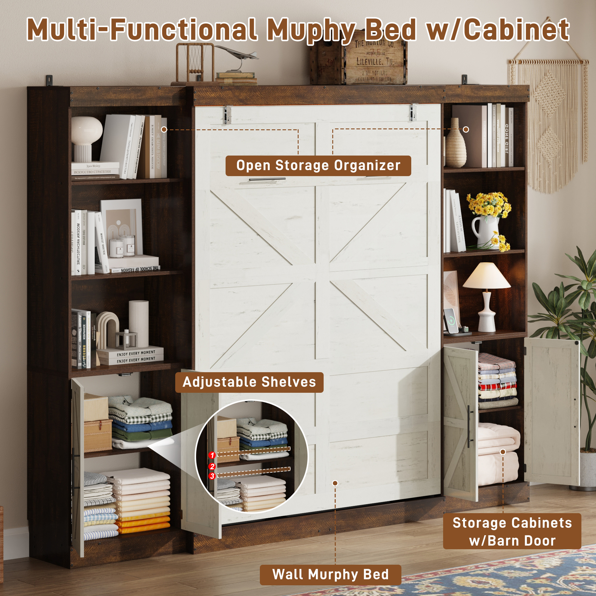 ChVans Full Murphy Wall Bed with 2 LED Lights, Power Outlet, 2 Storage Units, Farmhouse Wood Space-Saving Hidden Folding Bed Chest, Multifunctional Storage Cabinet Bed with Gas Struts for Bedroom