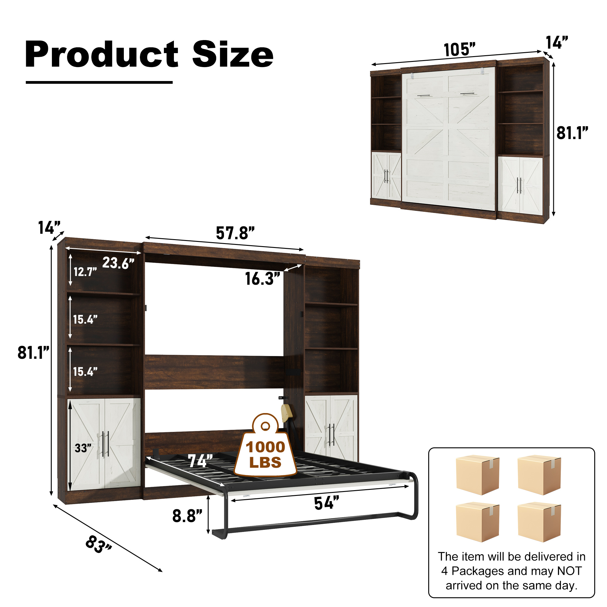 ChVans Full Murphy Wall Bed with 2 LED Lights, Power Outlet, 2 Storage Units, Farmhouse Wood Space-Saving Hidden Folding Bed Chest, Multifunctional Storage Cabinet Bed with Gas Struts for Bedroom