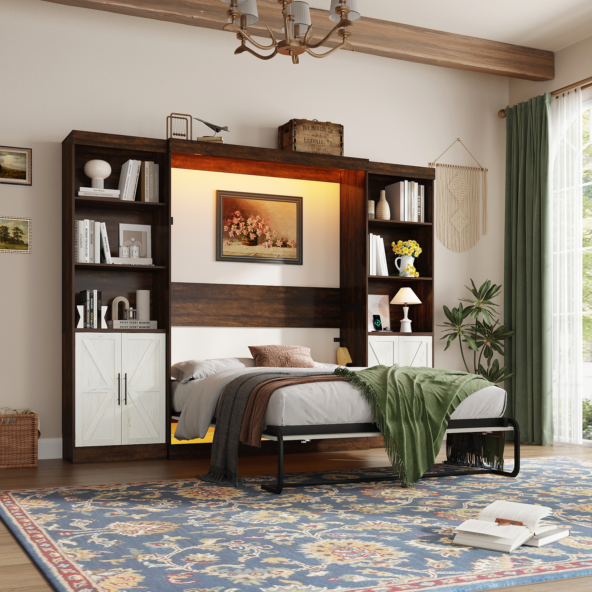 ChVans Full Murphy Wall Bed with 2 LED Lights, Power Outlet, 2 Storage Units, Farmhouse Wood Space-Saving Hidden Folding Bed Chest, Multifunctional Storage Cabinet Bed with Gas Struts for Bedroom