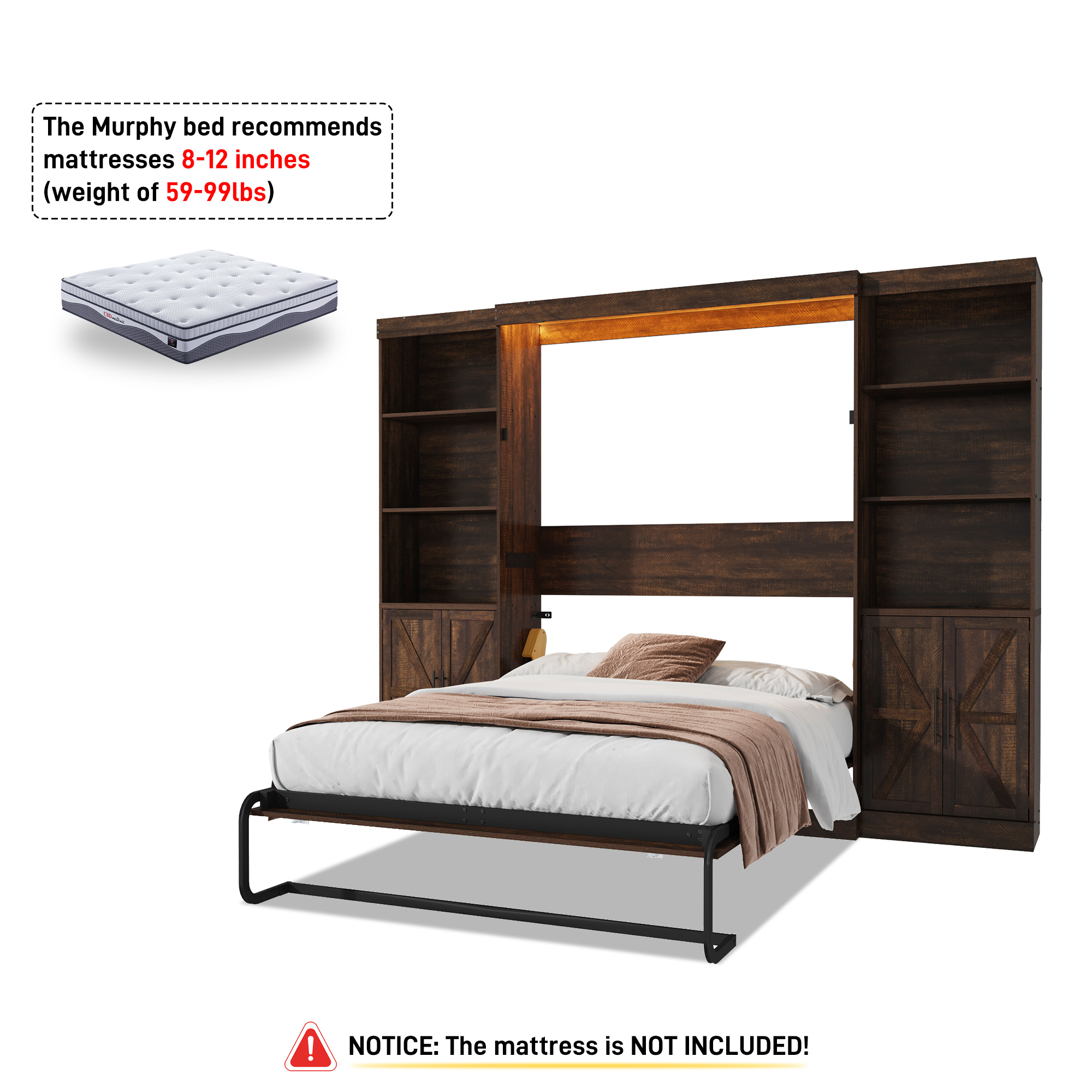 ChVans Full Murphy Wall Bed with 2 LED Lights, Power Outlet, 2 Storage Units, Farmhouse Wood Space-Saving Hidden Folding Bed Chest, Multifunctional Storage Cabinet Bed with Gas Struts for Bedroom