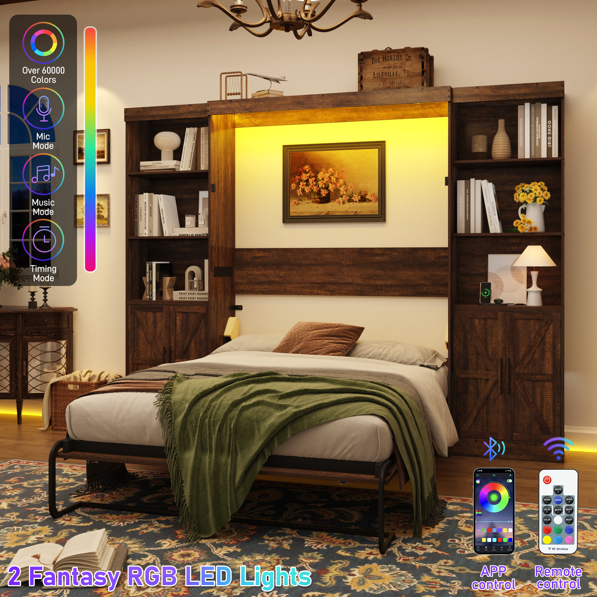 ChVans Full Murphy Wall Bed with 2 LED Lights, Power Outlet, 2 Storage Units, Farmhouse Wood Space-Saving Hidden Folding Bed Chest, Multifunctional Storage Cabinet Bed with Gas Struts for Bedroom