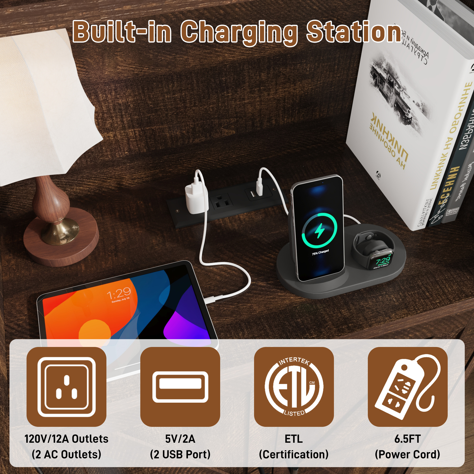 ChVans Full Murphy Wall Bed with 2 LED Lights, Power Outlet, 2 Storage Units, Farmhouse Wood Space-Saving Hidden Folding Bed Chest, Multifunctional Storage Cabinet Bed with Gas Struts for Bedroom