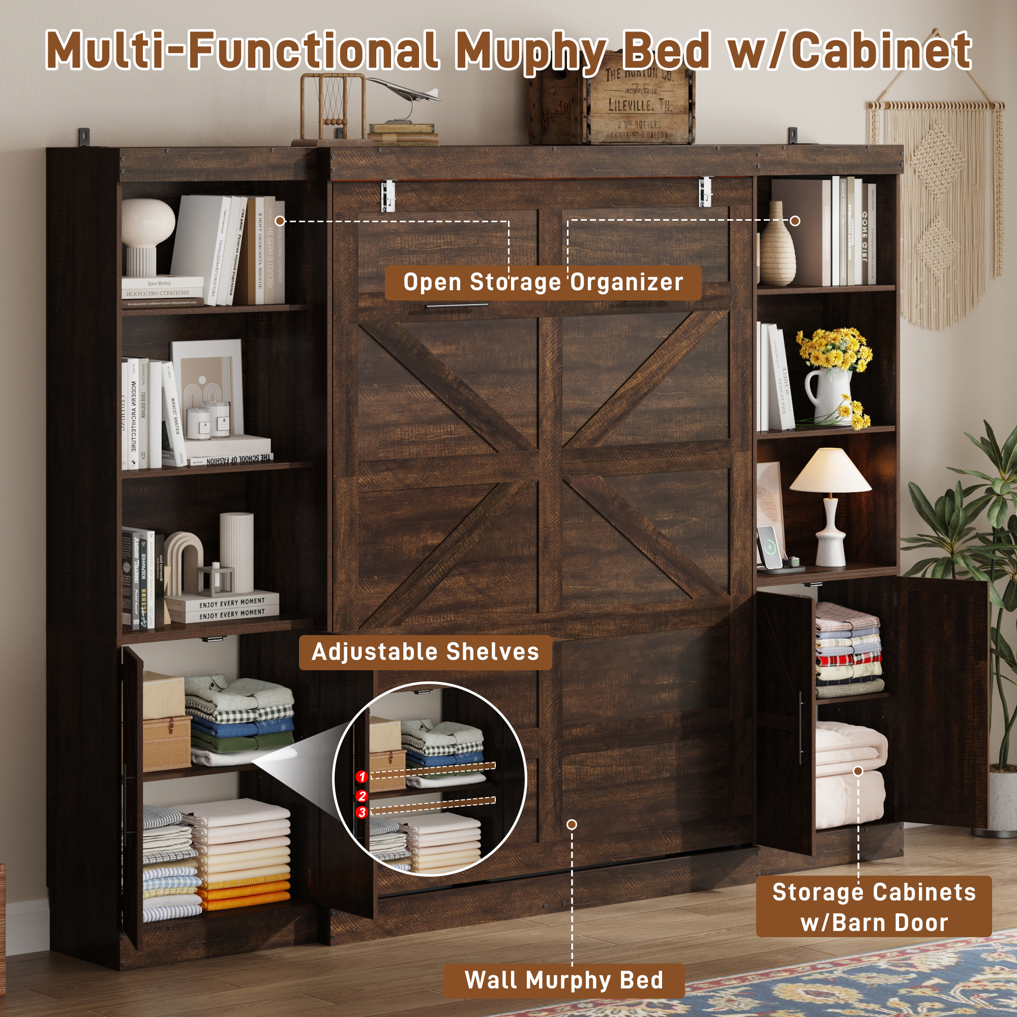 ChVans Full Murphy Wall Bed with 2 LED Lights, Power Outlet, 2 Storage Units, Farmhouse Wood Space-Saving Hidden Folding Bed Chest, Multifunctional Storage Cabinet Bed with Gas Struts for Bedroom