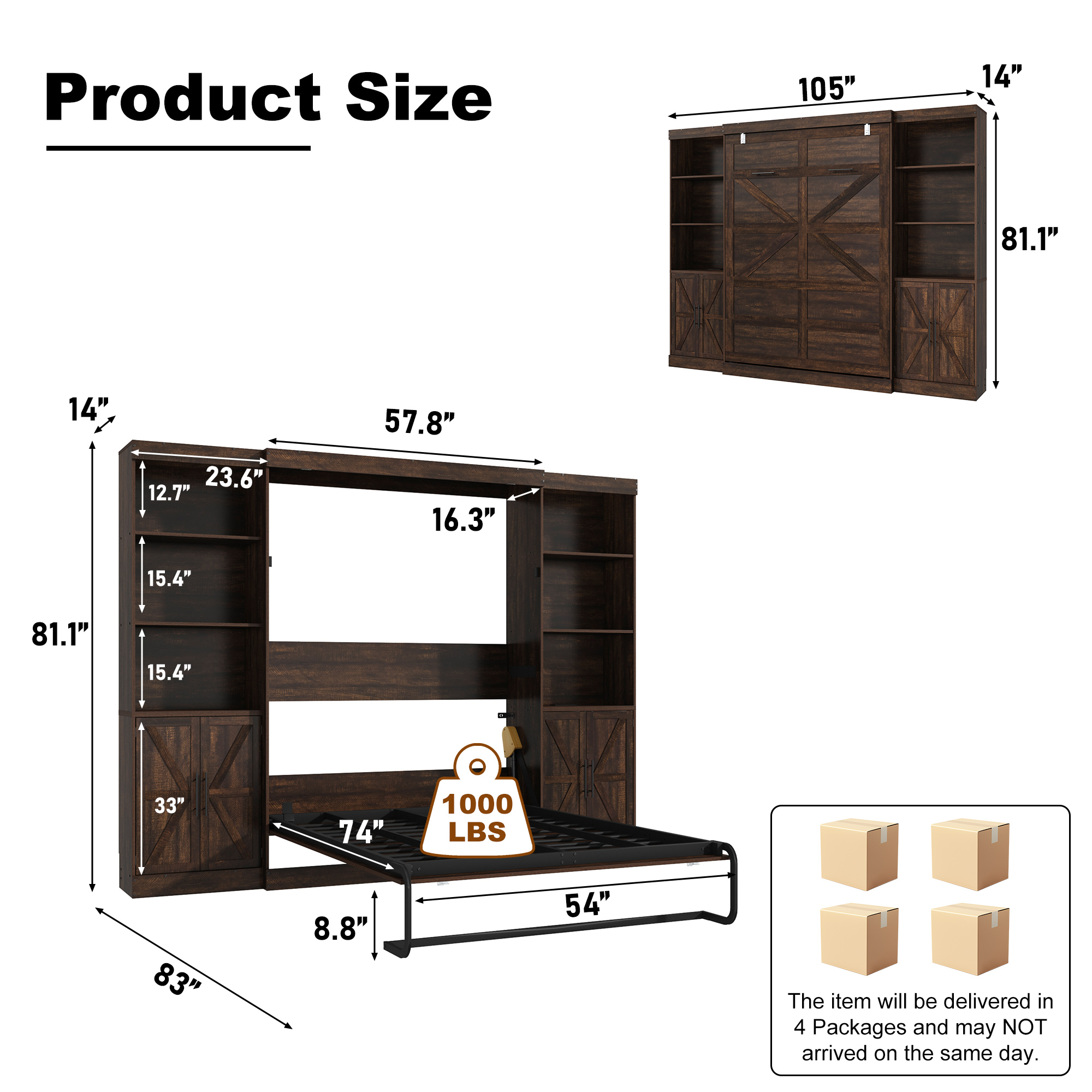 ChVans Full Murphy Wall Bed with 2 LED Lights, Power Outlet, 2 Storage Units, Farmhouse Wood Space-Saving Hidden Folding Bed Chest, Multifunctional Storage Cabinet Bed with Gas Struts for Bedroom