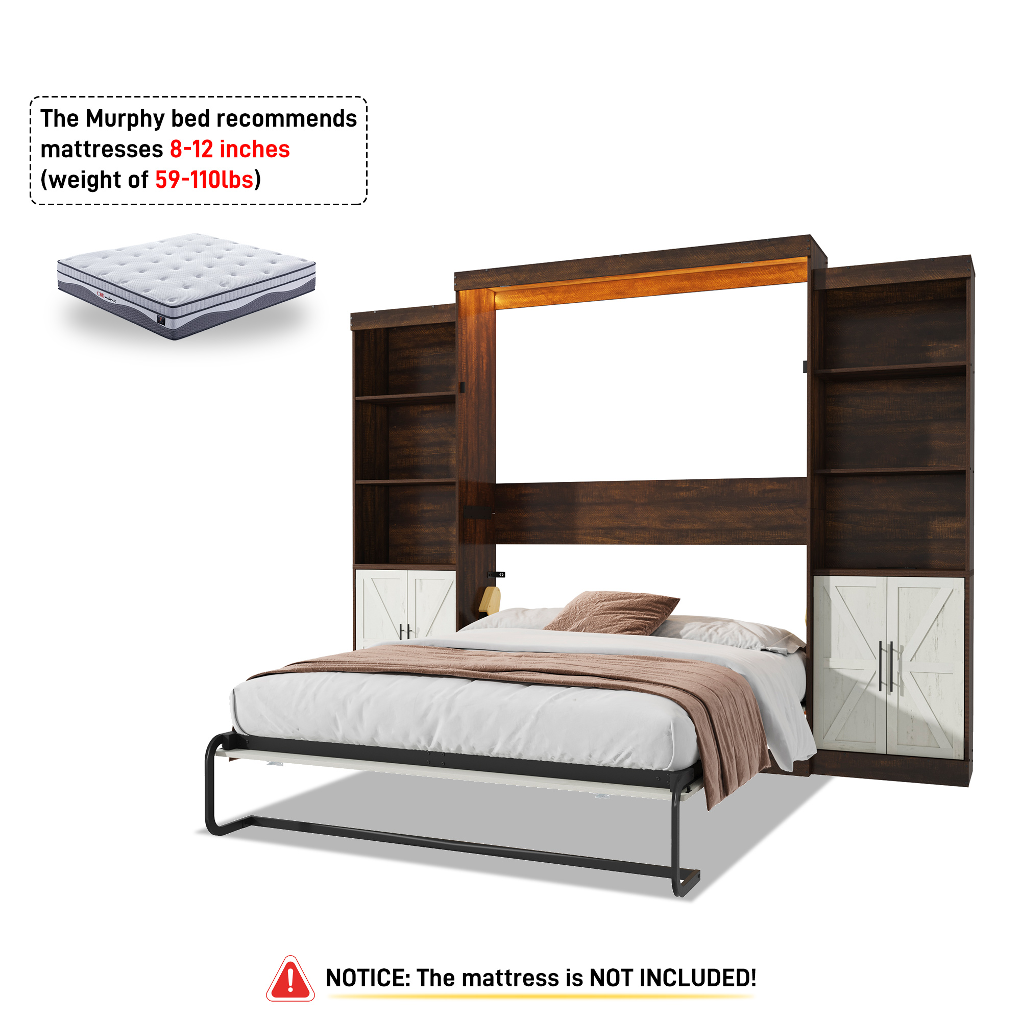 ChVans Queen Murphy Wall Bed with 2 LED Light, Power Outlet, 2 Storage Units, Farmhouse Wood Space-Saving Hidden Folding Bed Chest, Multifunctional Storage Cabinet Bed with Gas Struts for Bedroom