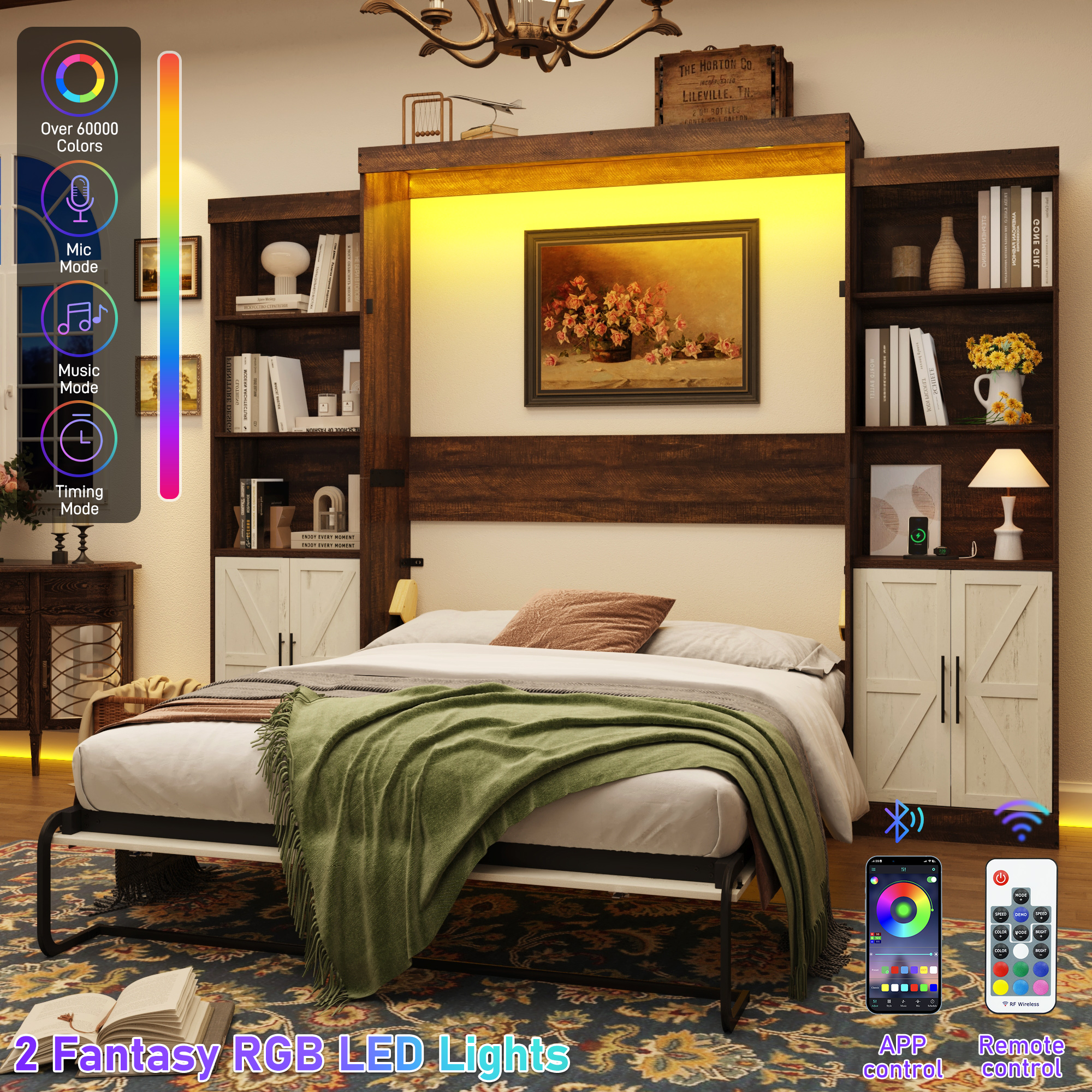 ChVans Queen Murphy Wall Bed with 2 LED Light, Power Outlet, 2 Storage Units, Farmhouse Wood Space-Saving Hidden Folding Bed Chest, Multifunctional Storage Cabinet Bed with Gas Struts for Bedroom