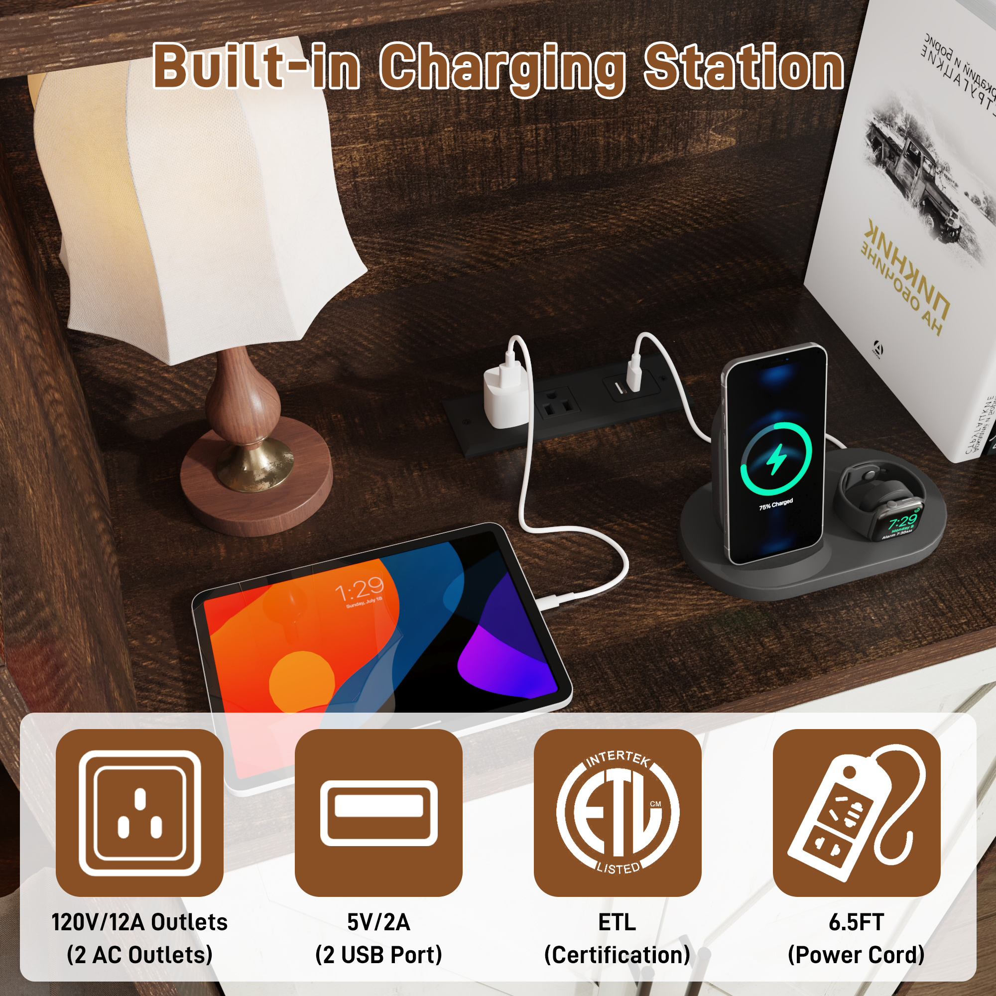 ChVans Queen Murphy Wall Bed with 2 LED Light, Power Outlet, 2 Storage Units, Farmhouse Wood Space-Saving Hidden Folding Bed Chest, Multifunctional Storage Cabinet Bed with Gas Struts for Bedroom