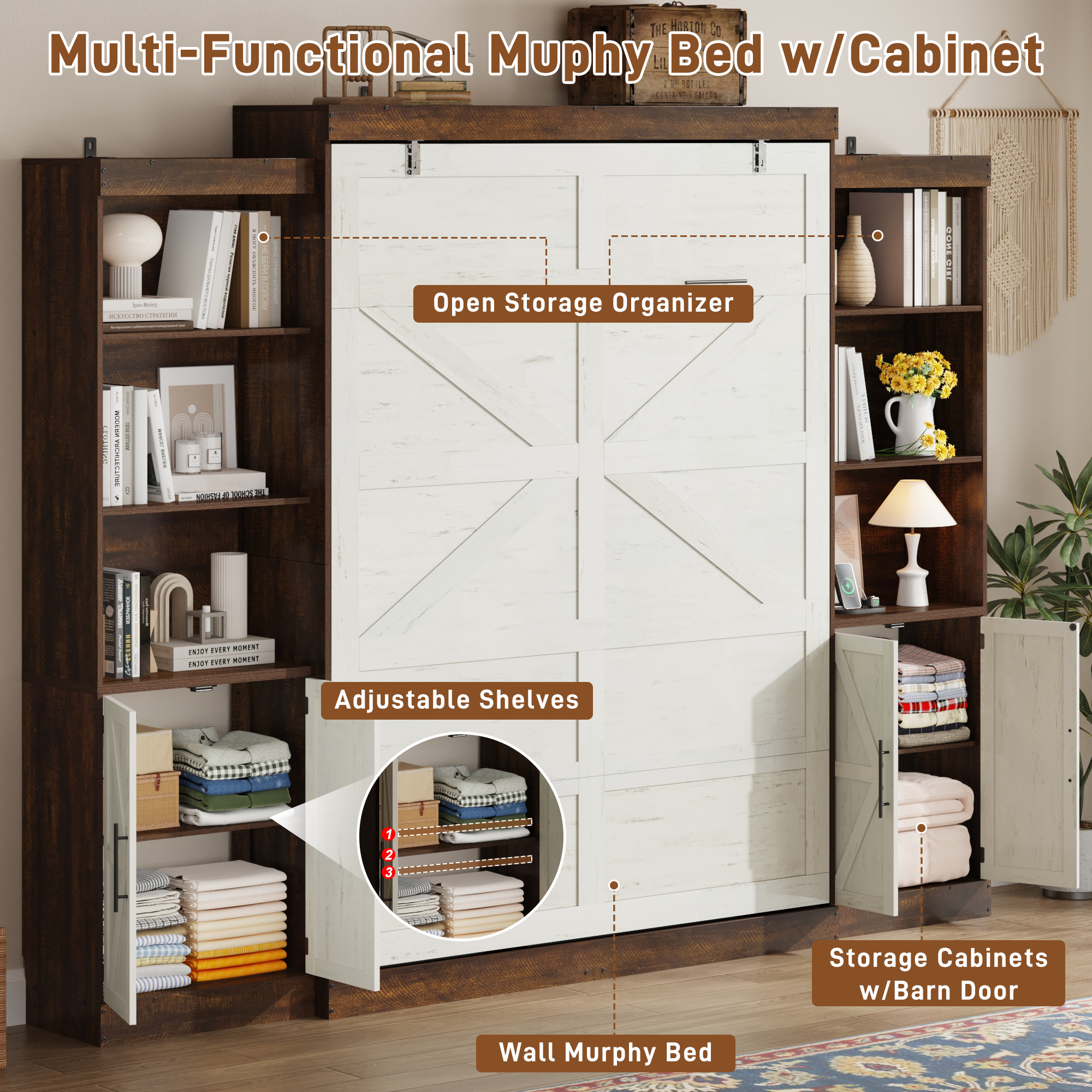 ChVans Queen Murphy Wall Bed with 2 LED Light, Power Outlet, 2 Storage Units, Farmhouse Wood Space-Saving Hidden Folding Bed Chest, Multifunctional Storage Cabinet Bed with Gas Struts for Bedroom