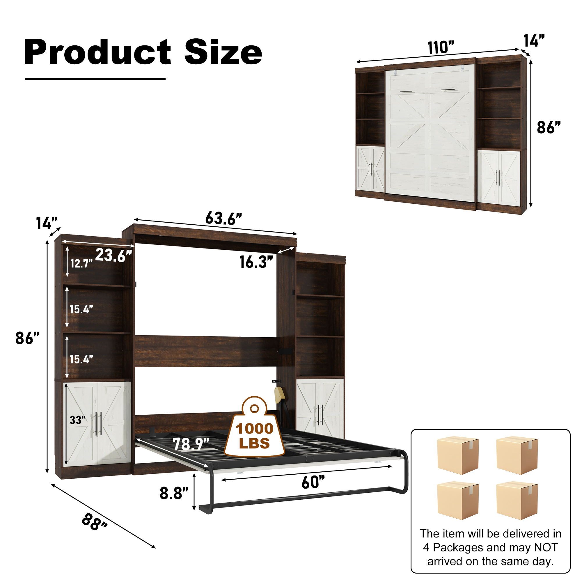 ChVans Queen Murphy Wall Bed with 2 LED Light, Power Outlet, 2 Storage Units, Farmhouse Wood Space-Saving Hidden Folding Bed Chest, Multifunctional Storage Cabinet Bed with Gas Struts for Bedroom