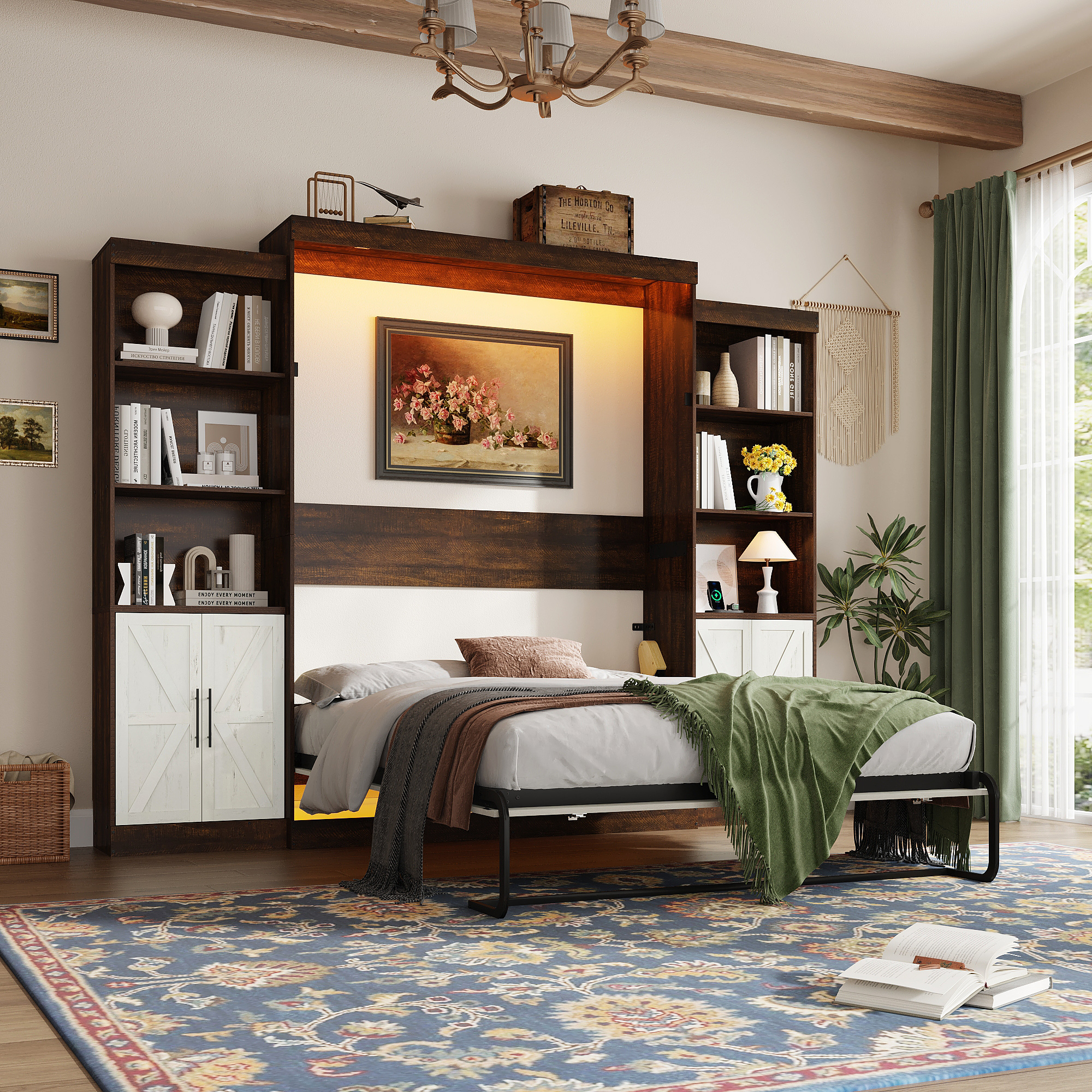 ChVans Queen Murphy Wall Bed with 2 LED Light, Power Outlet, 2 Storage Units, Farmhouse Wood Space-Saving Hidden Folding Bed Chest, Multifunctional Storage Cabinet Bed with Gas Struts for Bedroom