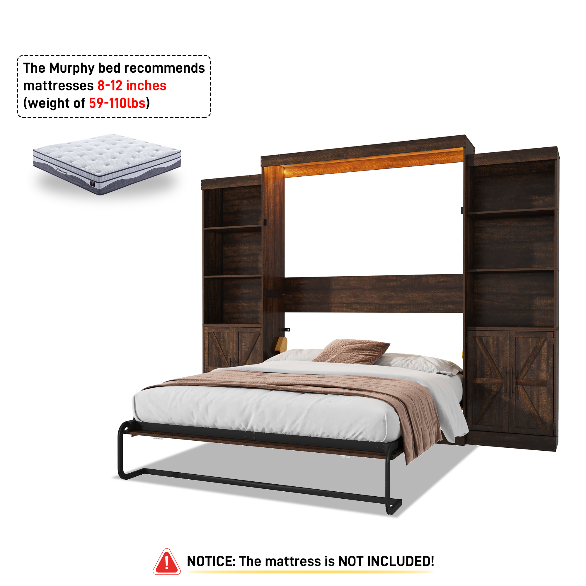 ChVans Queen Murphy Wall Bed with 2 LED Light, Power Outlet, 2 Storage Units, Farmhouse Wood Space-Saving Hidden Folding Bed Chest, Multifunctional Storage Cabinet Bed with Gas Struts for Bedroom