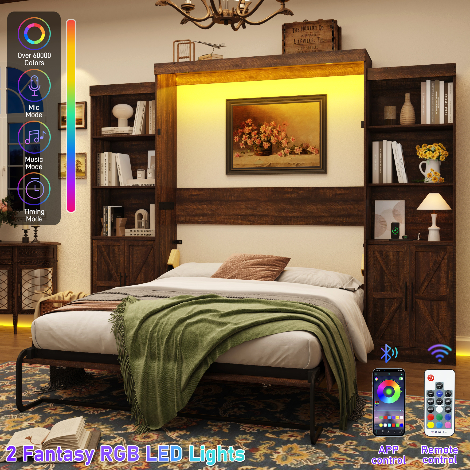 ChVans Queen Murphy Wall Bed with 2 LED Light, Power Outlet, 2 Storage Units, Farmhouse Wood Space-Saving Hidden Folding Bed Chest, Multifunctional Storage Cabinet Bed with Gas Struts for Bedroom