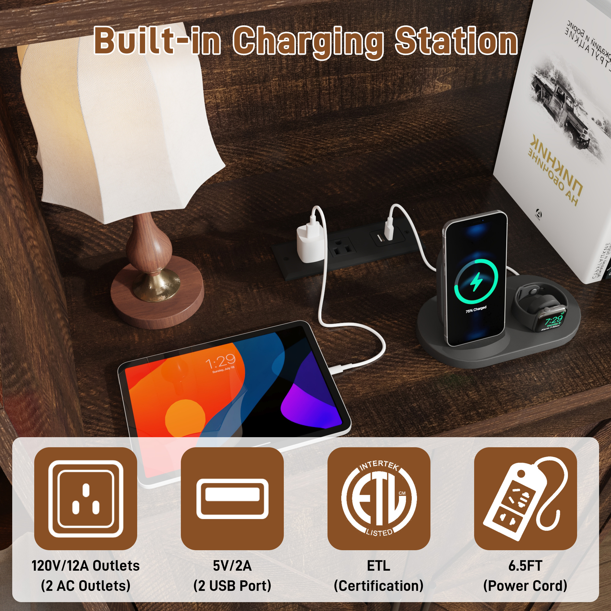 ChVans Queen Murphy Wall Bed with 2 LED Light, Power Outlet, 2 Storage Units, Farmhouse Wood Space-Saving Hidden Folding Bed Chest, Multifunctional Storage Cabinet Bed with Gas Struts for Bedroom