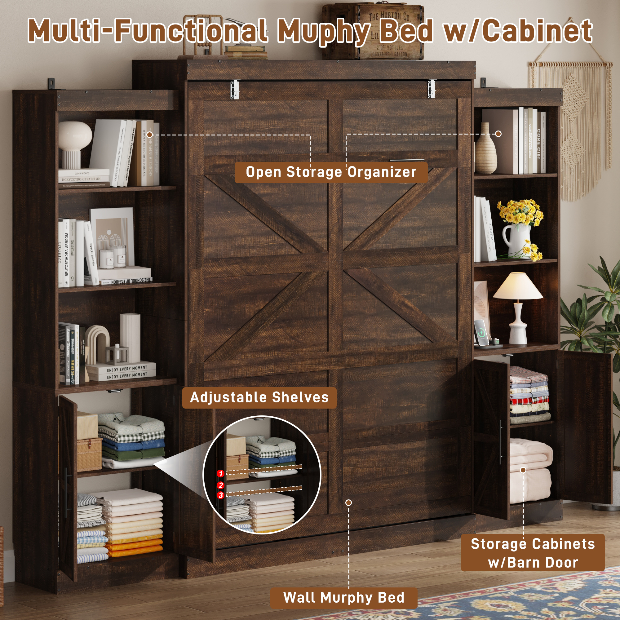 ChVans Queen Murphy Wall Bed with 2 LED Light, Power Outlet, 2 Storage Units, Farmhouse Wood Space-Saving Hidden Folding Bed Chest, Multifunctional Storage Cabinet Bed with Gas Struts for Bedroom