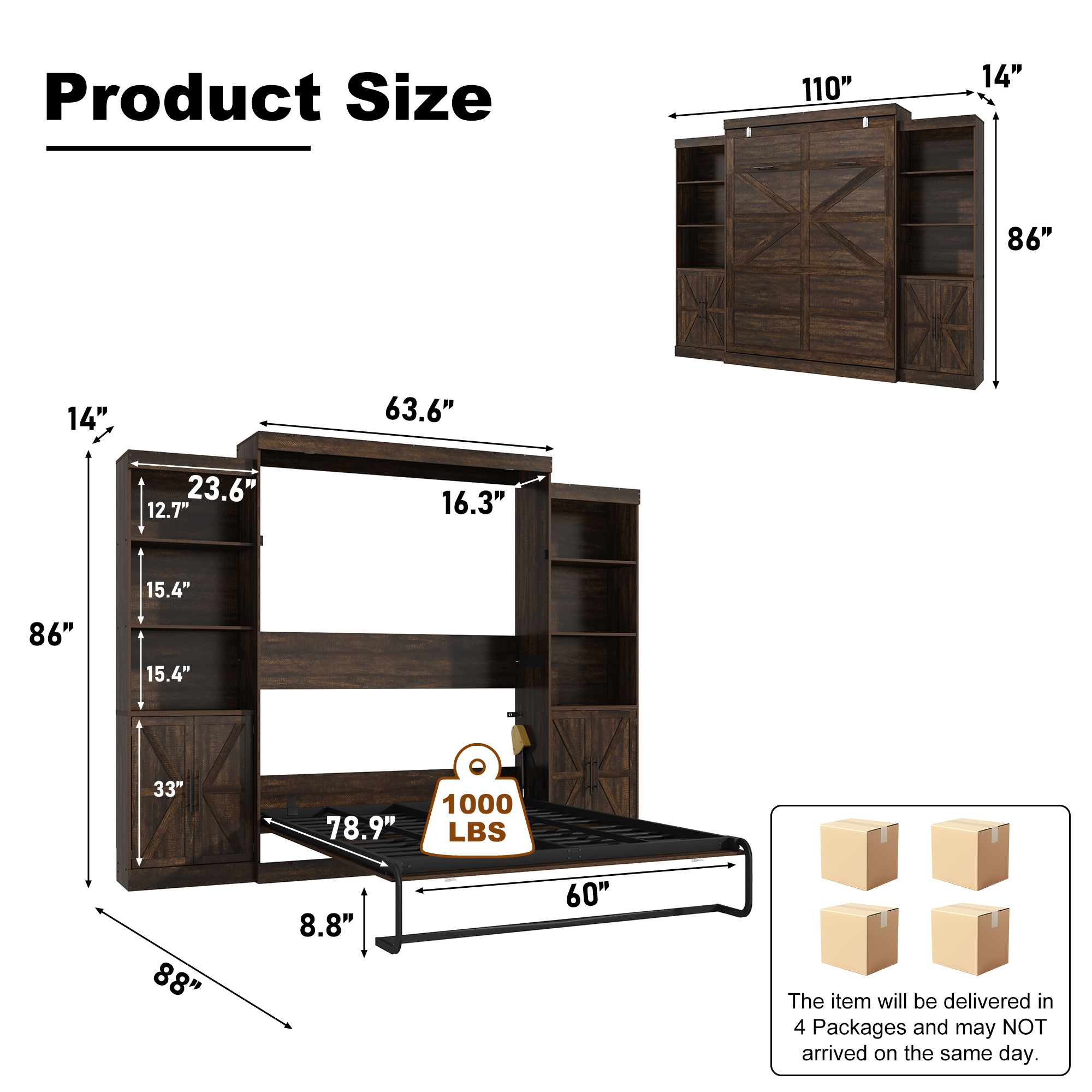 ChVans Queen Murphy Wall Bed with 2 LED Light, Power Outlet, 2 Storage Units, Farmhouse Wood Space-Saving Hidden Folding Bed Chest, Multifunctional Storage Cabinet Bed with Gas Struts for Bedroom