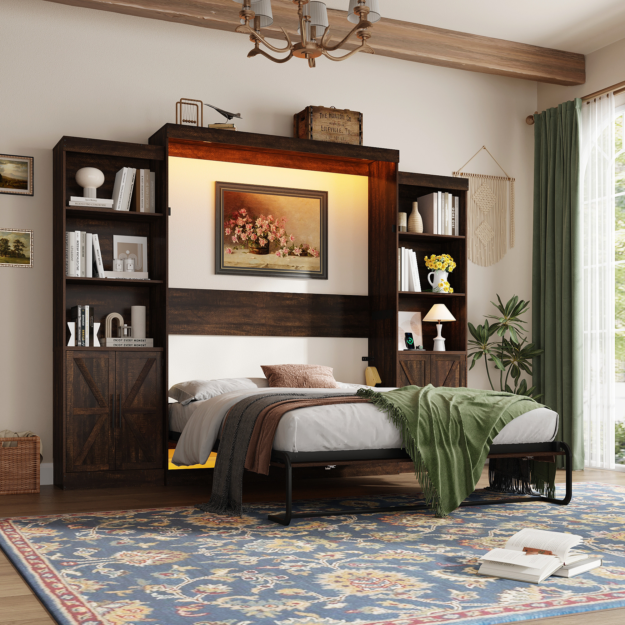 ChVans Queen Murphy Wall Bed with 2 LED Light, Power Outlet, 2 Storage Units, Farmhouse Wood Space-Saving Hidden Folding Bed Chest, Multifunctional Storage Cabinet Bed with Gas Struts for Bedroom