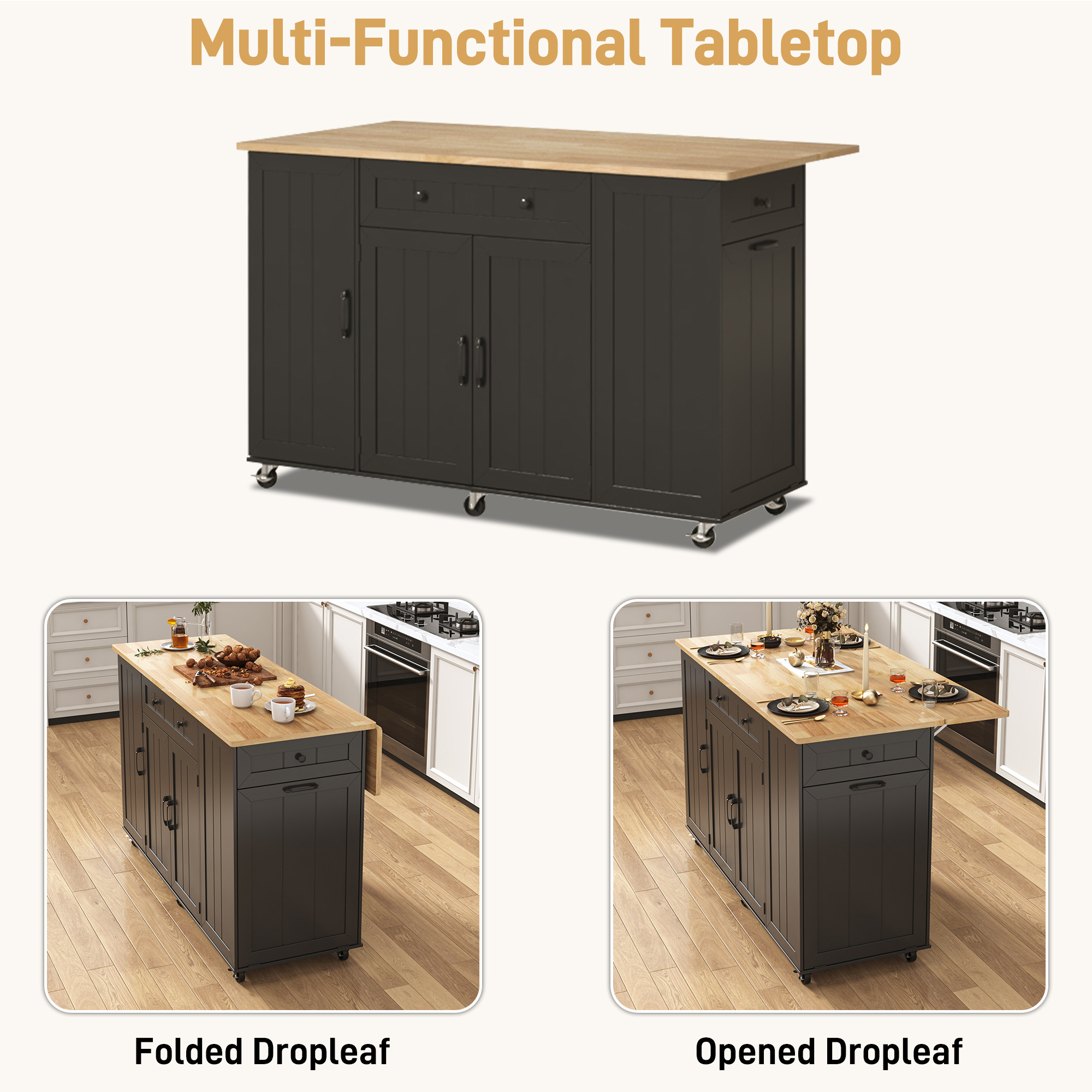 ANPOO 59'' Kitchen Island with Drop Leaf&Trash Can Storage, Mobile Rolling Cart with Large Capacity Storage Cabinet, 2 Drawer, Towel Rack, Spice Rack, Rubber wood Top, Lockable Casters, Power Outlet