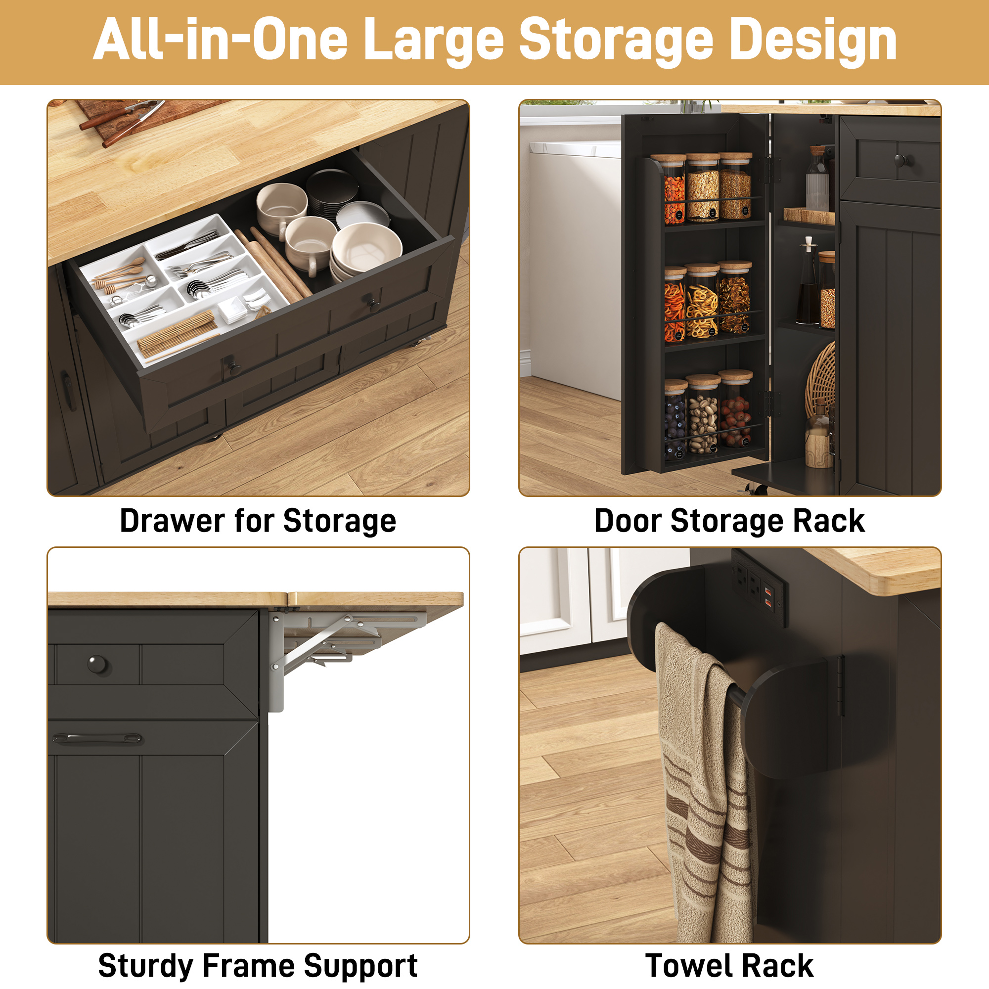 ANPOO 59'' Kitchen Island with Drop Leaf&Trash Can Storage, Mobile Rolling Cart with Large Capacity Storage Cabinet, 2 Drawer, Towel Rack, Spice Rack, Rubber wood Top, Lockable Casters, Power Outlet