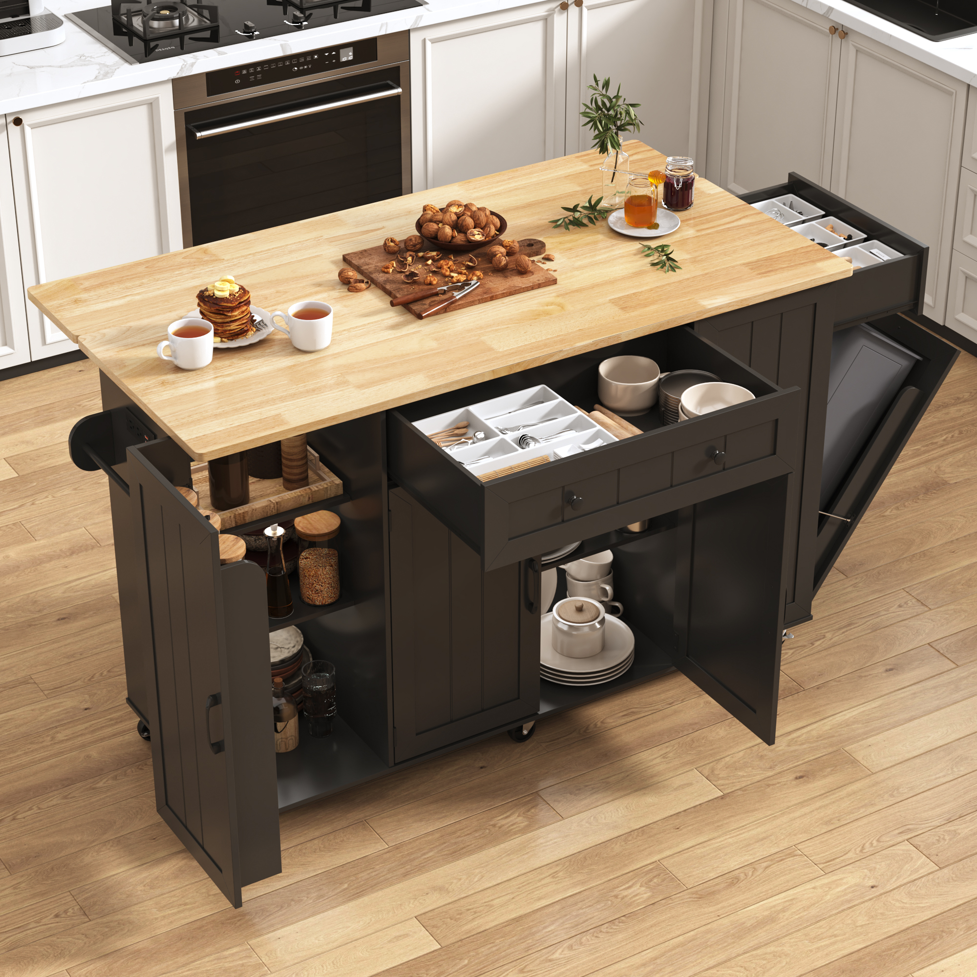 ANPOO 59'' Kitchen Island with Drop Leaf&Trash Can Storage, Mobile Rolling Cart with Large Capacity Storage Cabinet, 2 Drawer, Towel Rack, Spice Rack, Rubber wood Top, Lockable Casters, Power Outlet