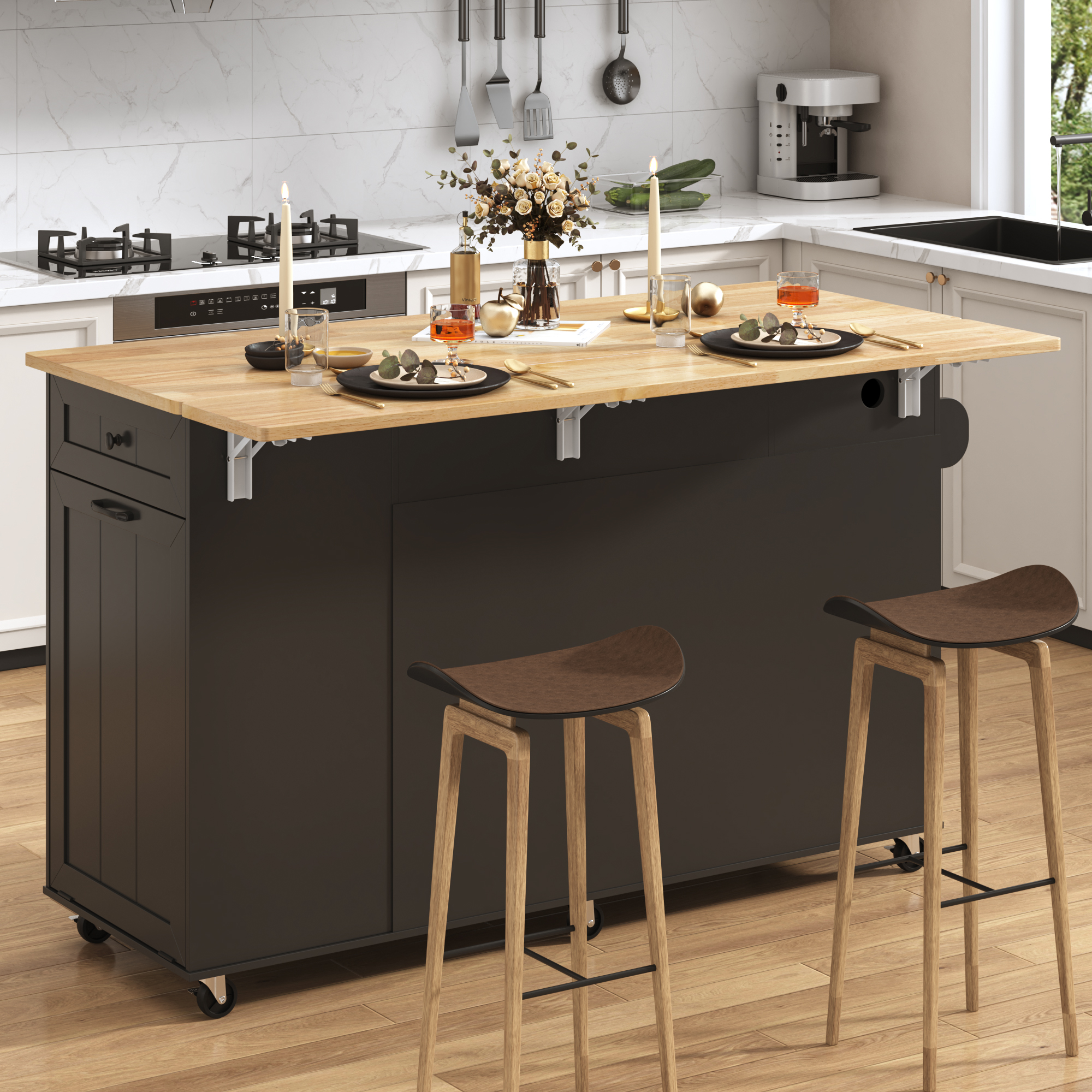 ANPOO 59'' Kitchen Island with Drop Leaf&Trash Can Storage, Mobile Rolling Cart with Large Capacity Storage Cabinet, 2 Drawer, Towel Rack, Spice Rack, Rubber wood Top, Lockable Casters, Power Outlet