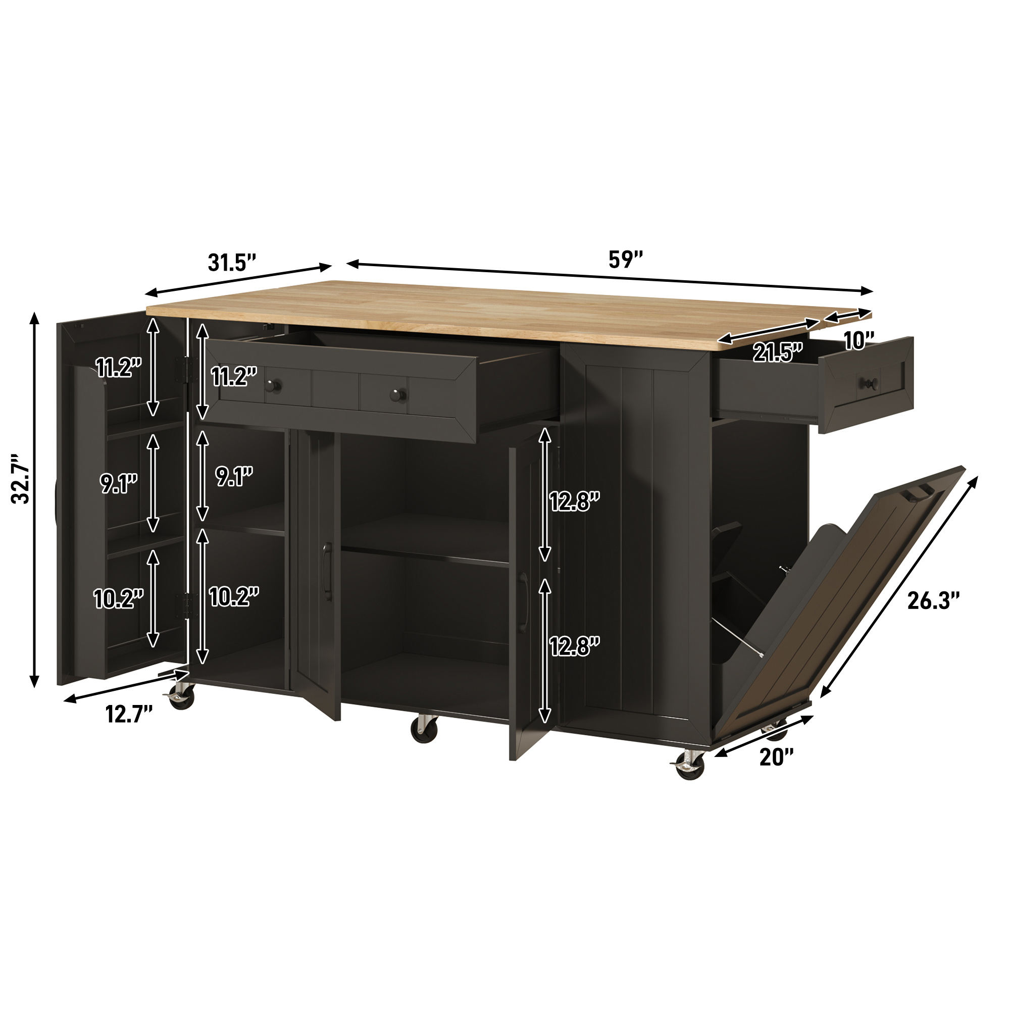 ANPOO 59'' Kitchen Island with Drop Leaf&Trash Can Storage, Mobile Rolling Cart with Large Capacity Storage Cabinet, 2 Drawer, Towel Rack, Spice Rack, Rubber wood Top, Lockable Casters, Power Outlet