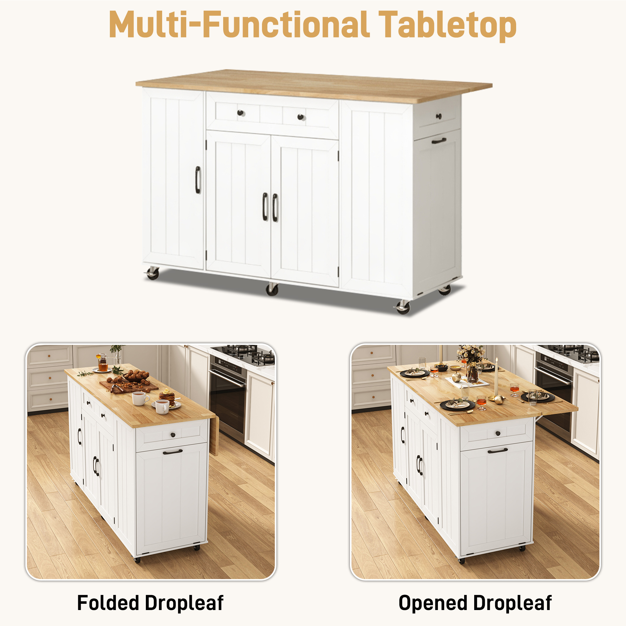 ANPOO 59'' Kitchen Island with Drop Leaf&Trash Can Storage, Mobile Rolling Cart with Large Capacity Storage Cabinet, 2 Drawer, Towel Rack, Spice Rack, Rubber wood Top, Lockable Casters, Power Outlet