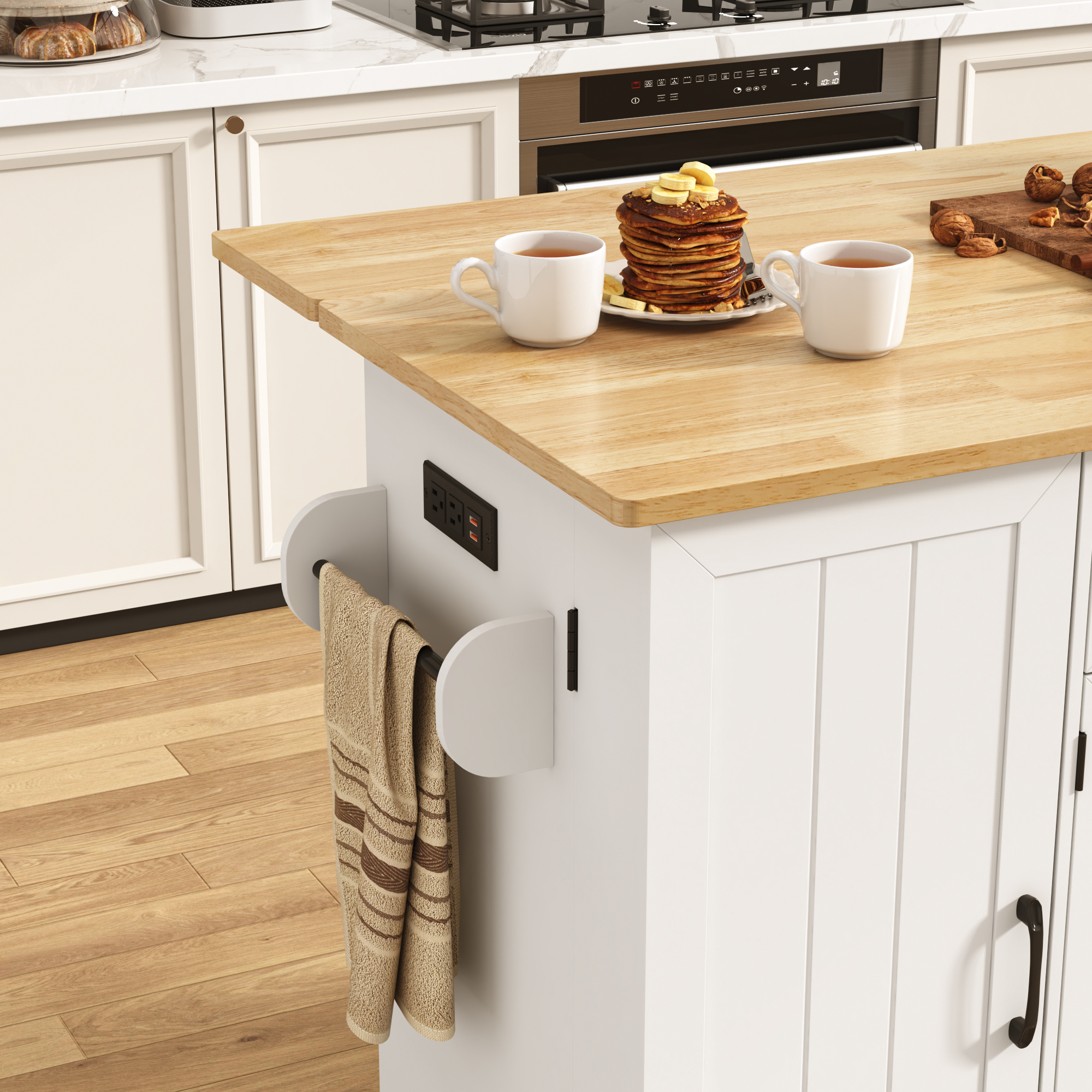 ANPOO 59'' Kitchen Island with Drop Leaf&Trash Can Storage, Mobile Rolling Cart with Large Capacity Storage Cabinet, 2 Drawer, Towel Rack, Spice Rack, Rubber wood Top, Lockable Casters, Power Outlet