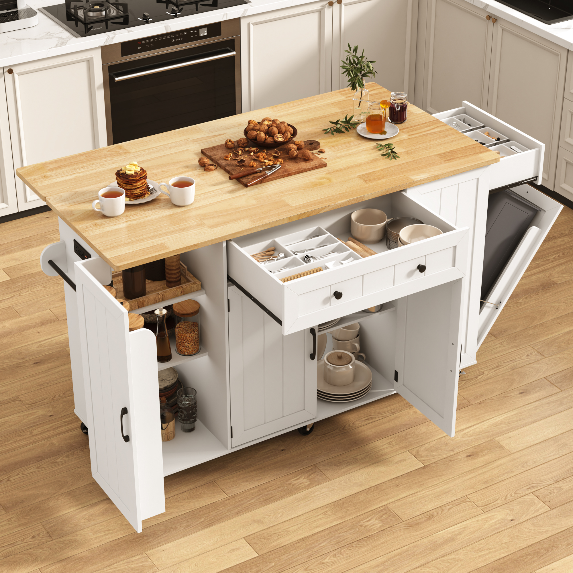 ANPOO 59'' Kitchen Island with Drop Leaf&Trash Can Storage, Mobile Rolling Cart with Large Capacity Storage Cabinet, 2 Drawer, Towel Rack, Spice Rack, Rubber wood Top, Lockable Casters, Power Outlet