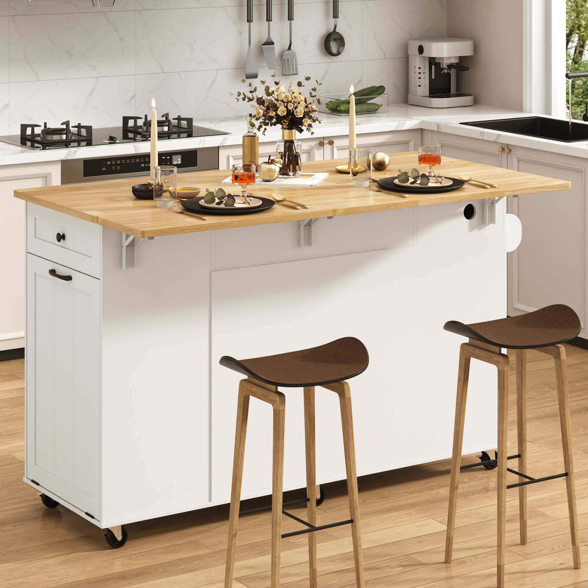 ANPOO 59'' Kitchen Island with Drop Leaf&Trash Can Storage, Mobile Rolling Cart with Large Capacity Storage Cabinet, 2 Drawer, Towel Rack, Spice Rack, Rubber wood Top, Lockable Casters, Power Outlet