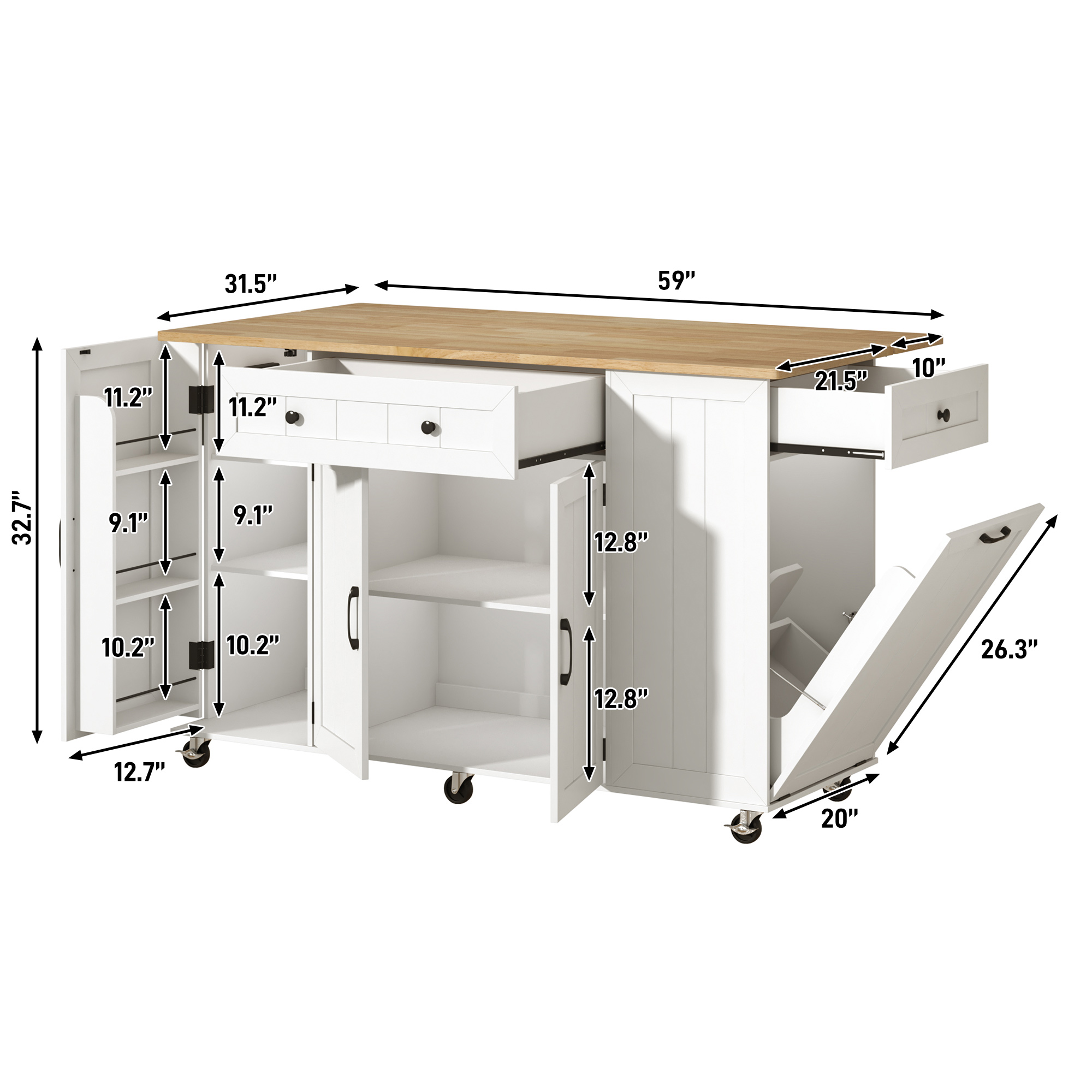 ANPOO 59'' Kitchen Island with Drop Leaf&Trash Can Storage, Mobile Rolling Cart with Large Capacity Storage Cabinet, 2 Drawer, Towel Rack, Spice Rack, Rubber wood Top, Lockable Casters, Power Outlet