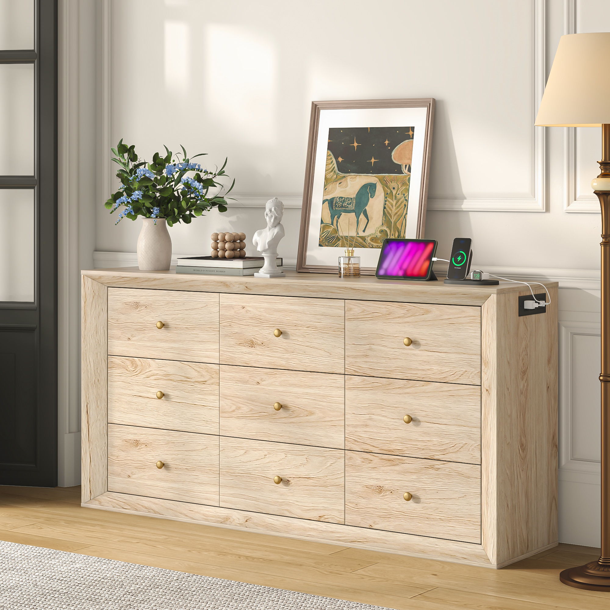 ANPOO 63" Wood Dresser with 9 Drawers&Charging Station,Long Dresser for Bedroom,Modern Wood Wide Chest of Drawers with Wood Grain Texture for Bedroom,Living Room,Hallway