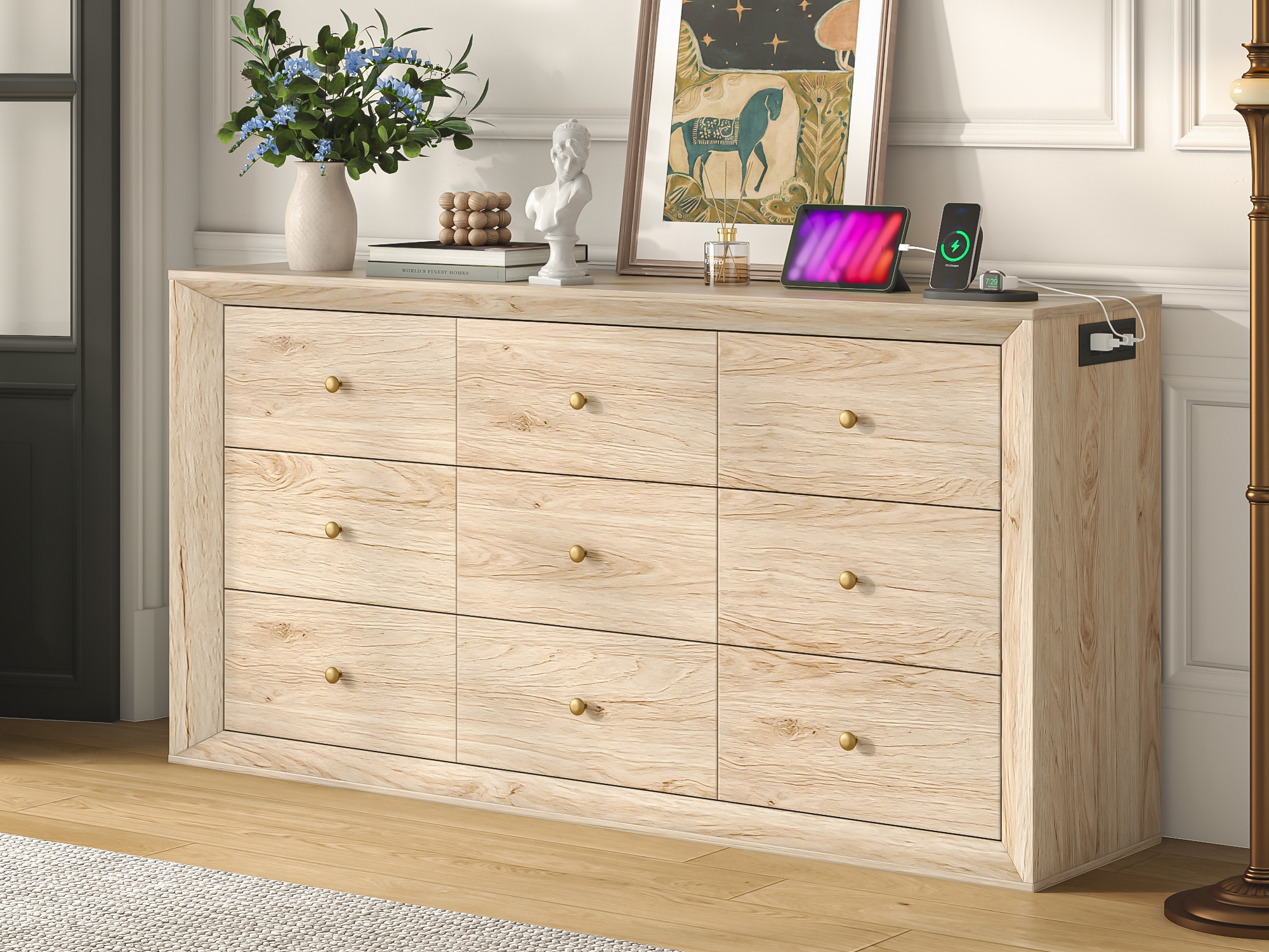 ANPOO 63" Wood Dresser with 9 Drawers&Charging Station,Long Dresser for Bedroom,Modern Wood Wide Chest of Drawers with Wood Grain Texture for Bedroom,Living Room,Hallway