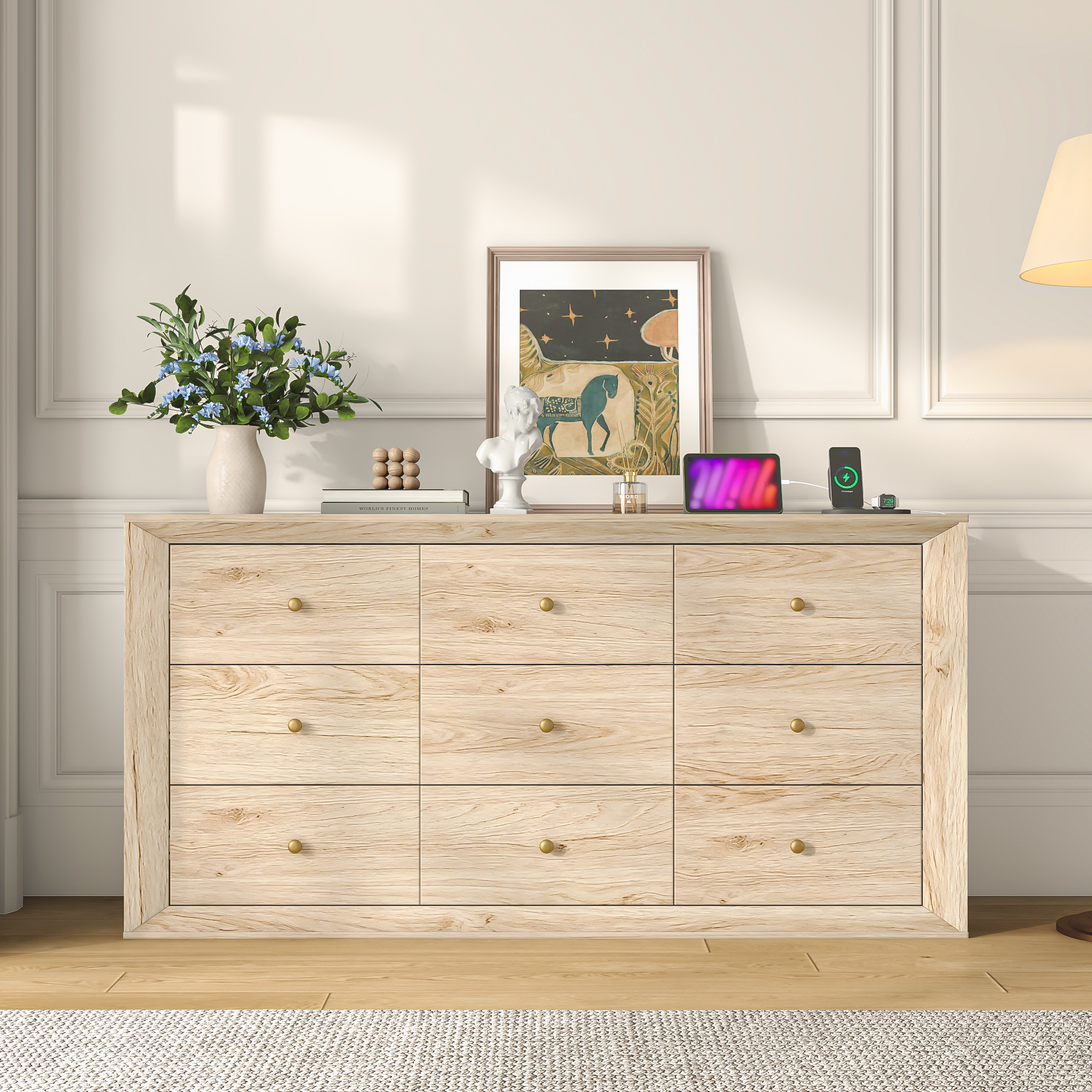 ANPOO 63" Wood Dresser with 9 Drawers&Charging Station,Long Dresser for Bedroom,Modern Wood Wide Chest of Drawers with Wood Grain Texture for Bedroom,Living Room,Hallway