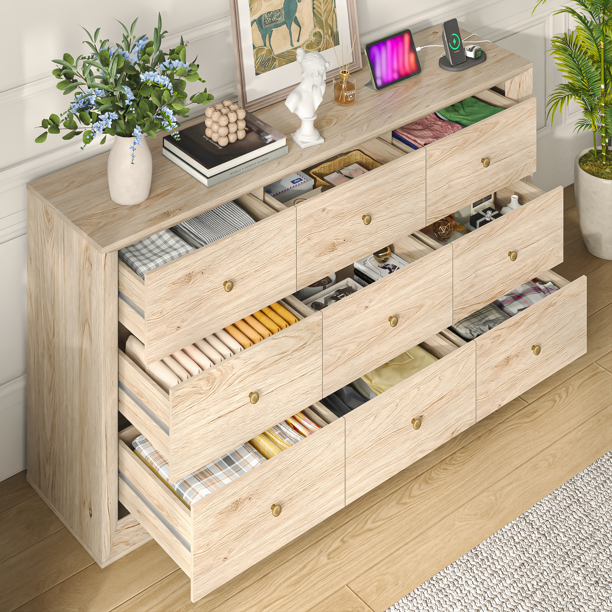 ANPOO 63" Wood Dresser with 9 Drawers&Charging Station,Long Dresser for Bedroom,Modern Wood Wide Chest of Drawers with Wood Grain Texture for Bedroom,Living Room,Hallway