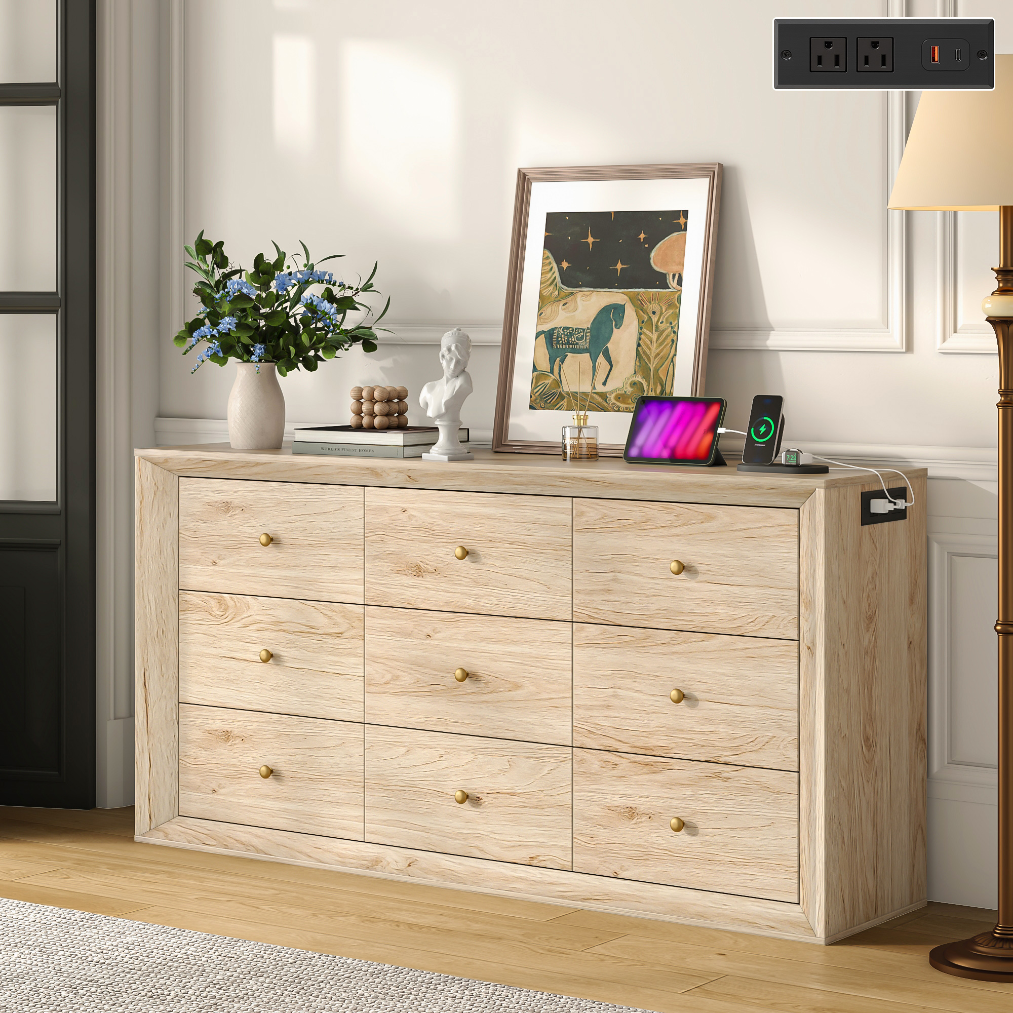 ANPOO 63" Wood Dresser with 9 Drawers&Charging Station,Long Dresser for Bedroom,Modern Wood Wide Chest of Drawers with Wood Grain Texture for Bedroom,Living Room,Hallway
