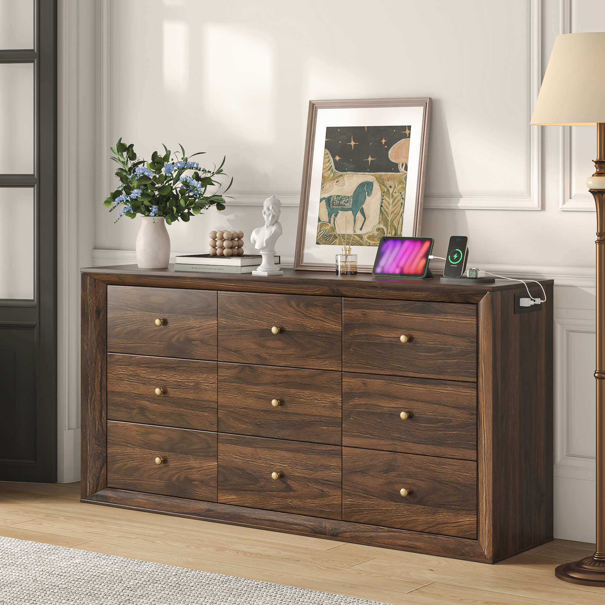 ANPOO 63" Wood Dresser with 9 Drawers&Charging Station,Long Dresser for Bedroom,Modern Wood Wide Chest of Drawers with Wood Grain Texture for Bedroom,Living Room,Hallway