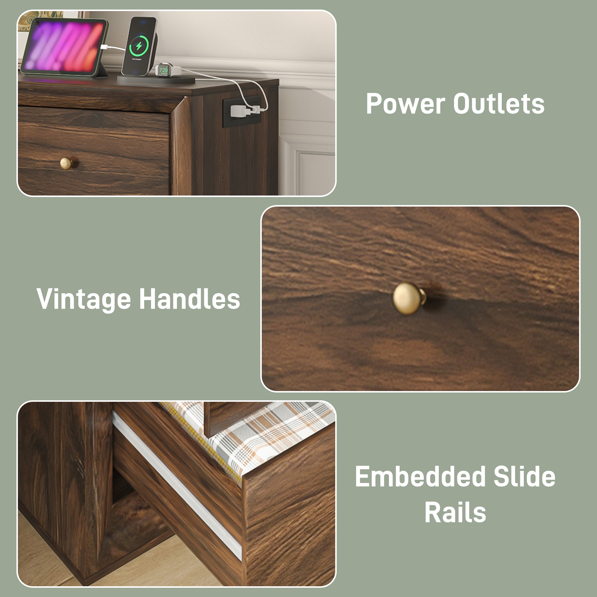 ANPOO 63" Wood Dresser with 9 Drawers&Charging Station,Long Dresser for Bedroom,Modern Wood Wide Chest of Drawers with Wood Grain Texture for Bedroom,Living Room,Hallway