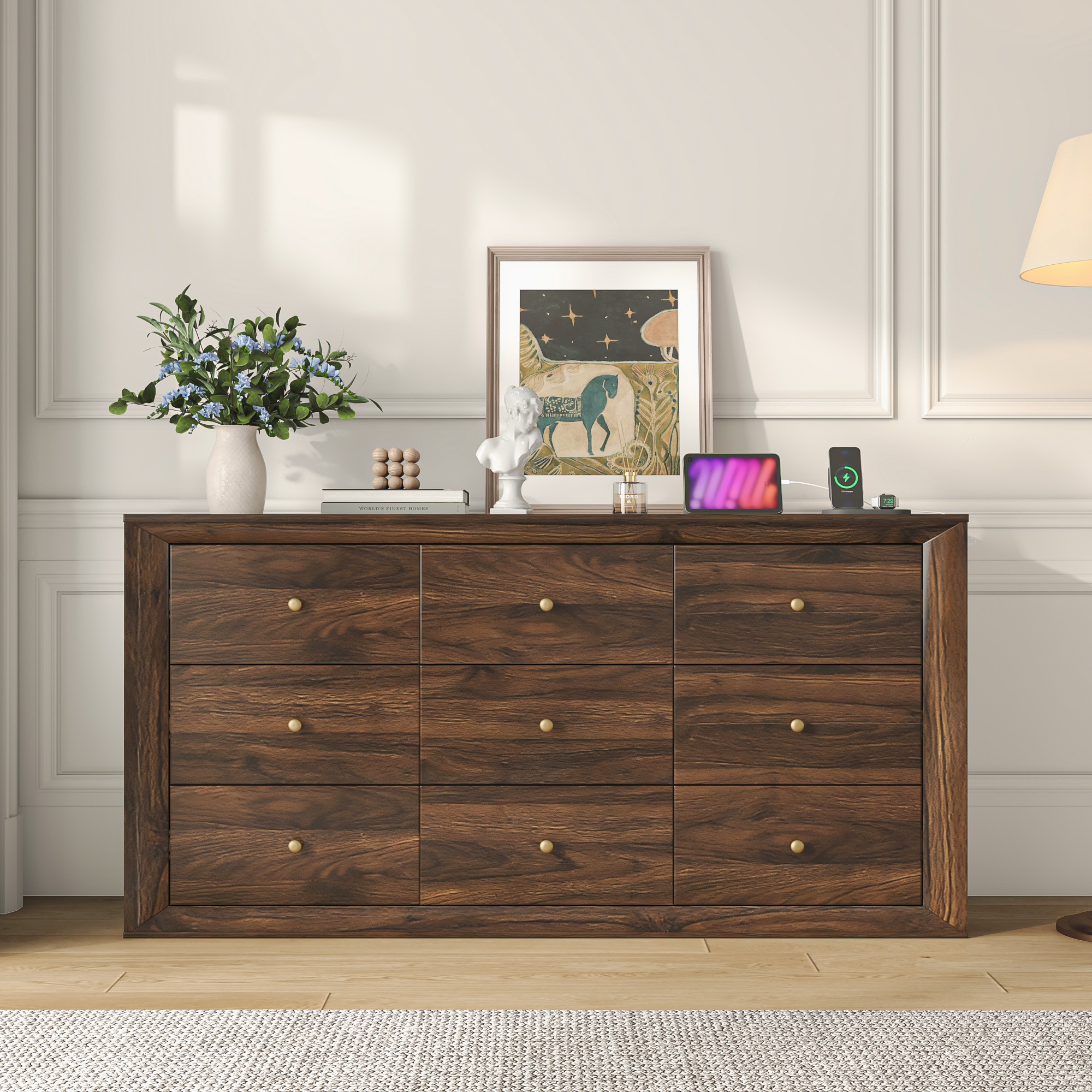 ANPOO 63" Wood Dresser with 9 Drawers&Charging Station,Long Dresser for Bedroom,Modern Wood Wide Chest of Drawers with Wood Grain Texture for Bedroom,Living Room,Hallway