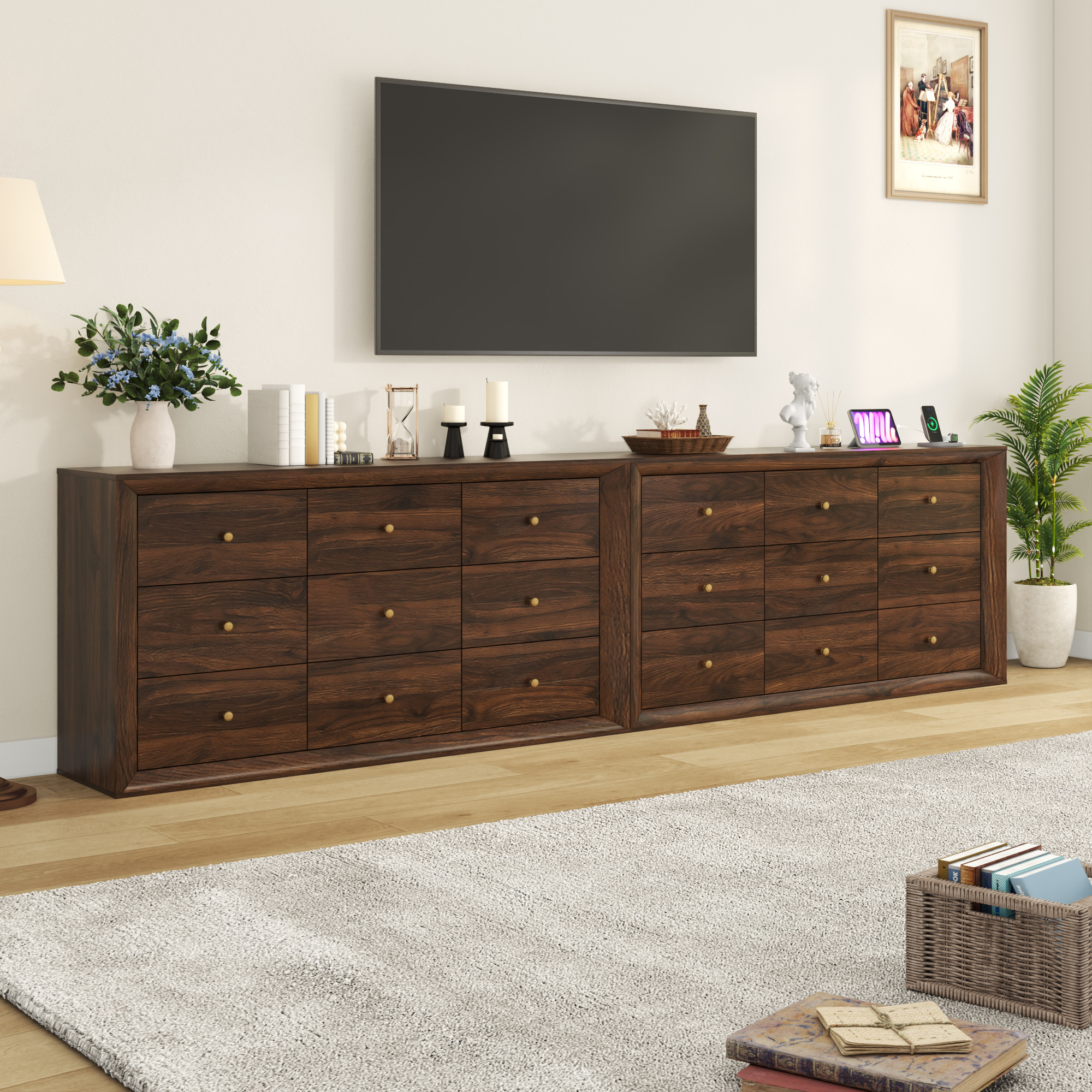 ANPOO 63" Wood Dresser with 9 Drawers&Charging Station,Long Dresser for Bedroom,Modern Wood Wide Chest of Drawers with Wood Grain Texture for Bedroom,Living Room,Hallway