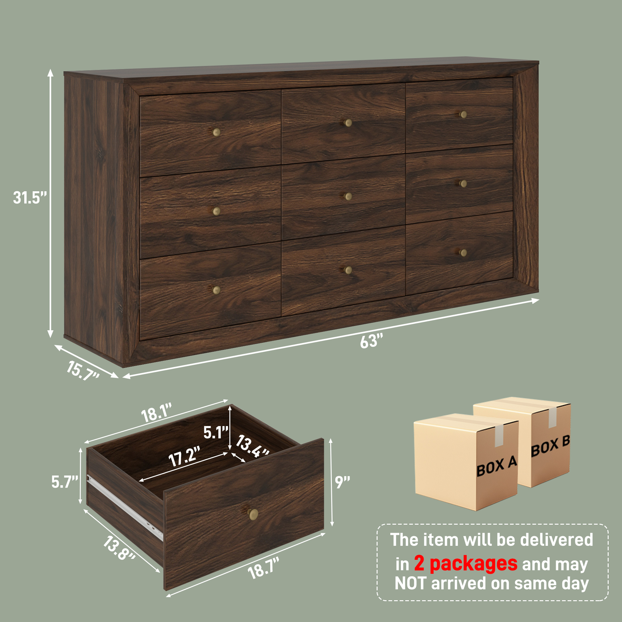 ANPOO 63" Wood Dresser with 9 Drawers&Charging Station,Long Dresser for Bedroom,Modern Wood Wide Chest of Drawers with Wood Grain Texture for Bedroom,Living Room,Hallway