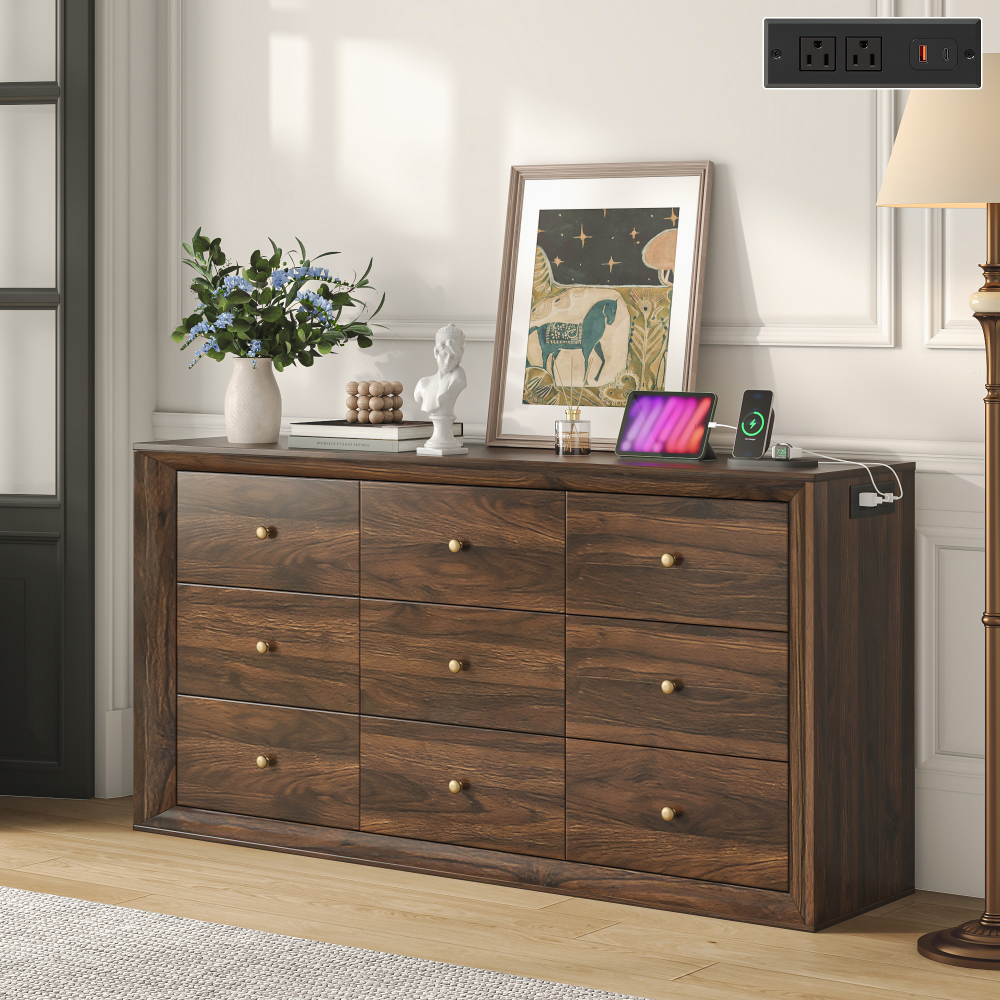 ANPOO 63" Wood Dresser with 9 Drawers&Charging Station,Long Dresser for Bedroom,Modern Wood Wide Chest of Drawers with Wood Grain Texture for Bedroom,Living Room,Hallway