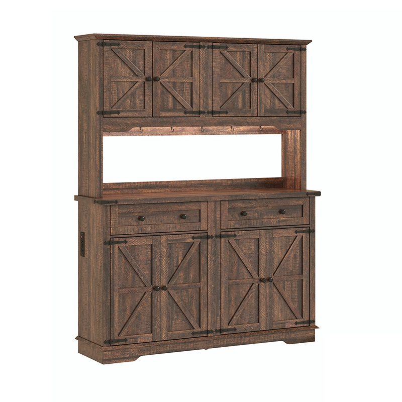 ANPOO 71" Tall Farmhouse Kitchen Pantry Cabinet with LED Light, Power Outlet & 4 Doors with Door-mounted Storage, Large Freestanding Storage Hutch with Open Countertop for Dining Room, Living Room