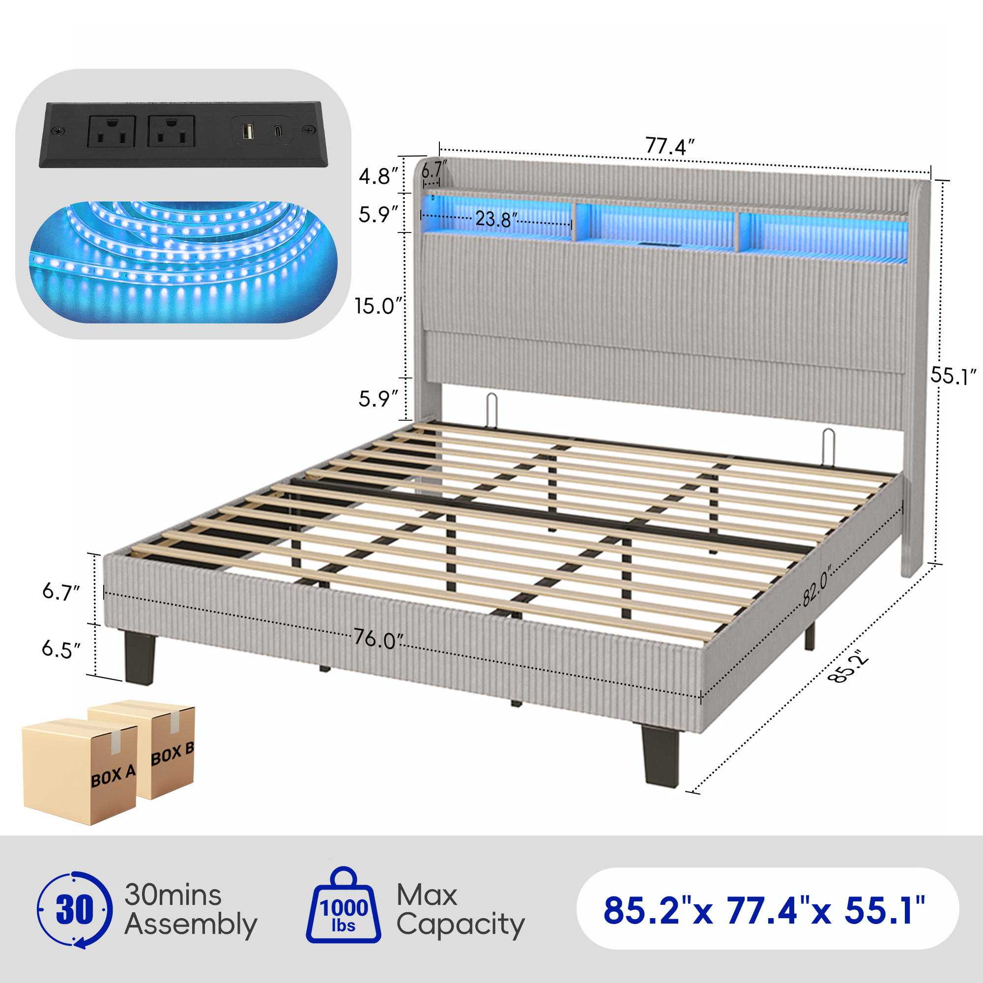 ANPOO Queen Bed Frame with LED Lights, Charging Station & Storage Headboard, 55in Tall Corduroy Upholstered Platform Bed, No Box Spring Needed